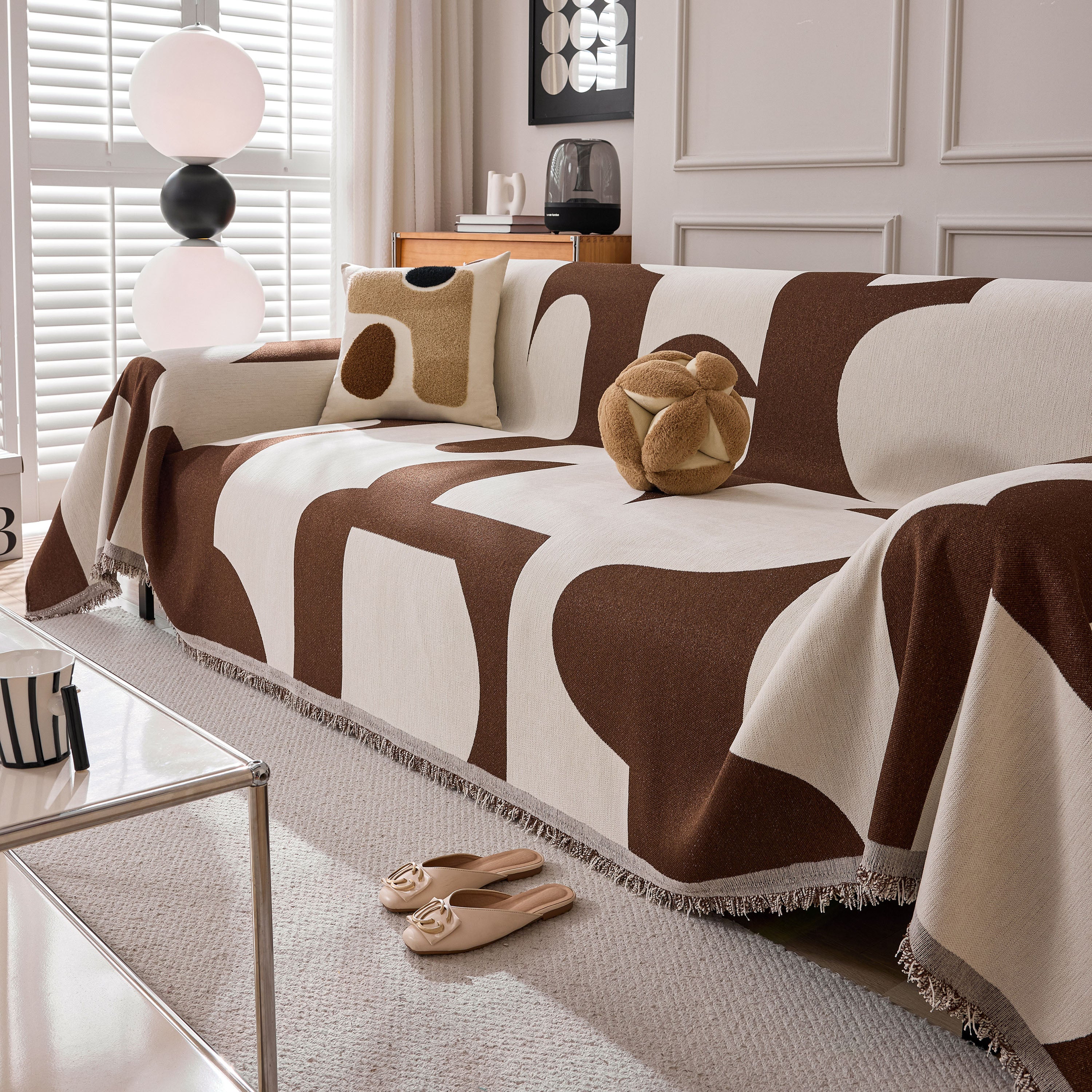 Modern Abstract Chenille Sofa Cover, Large Soft Throw Blanket with Tassels for Couch