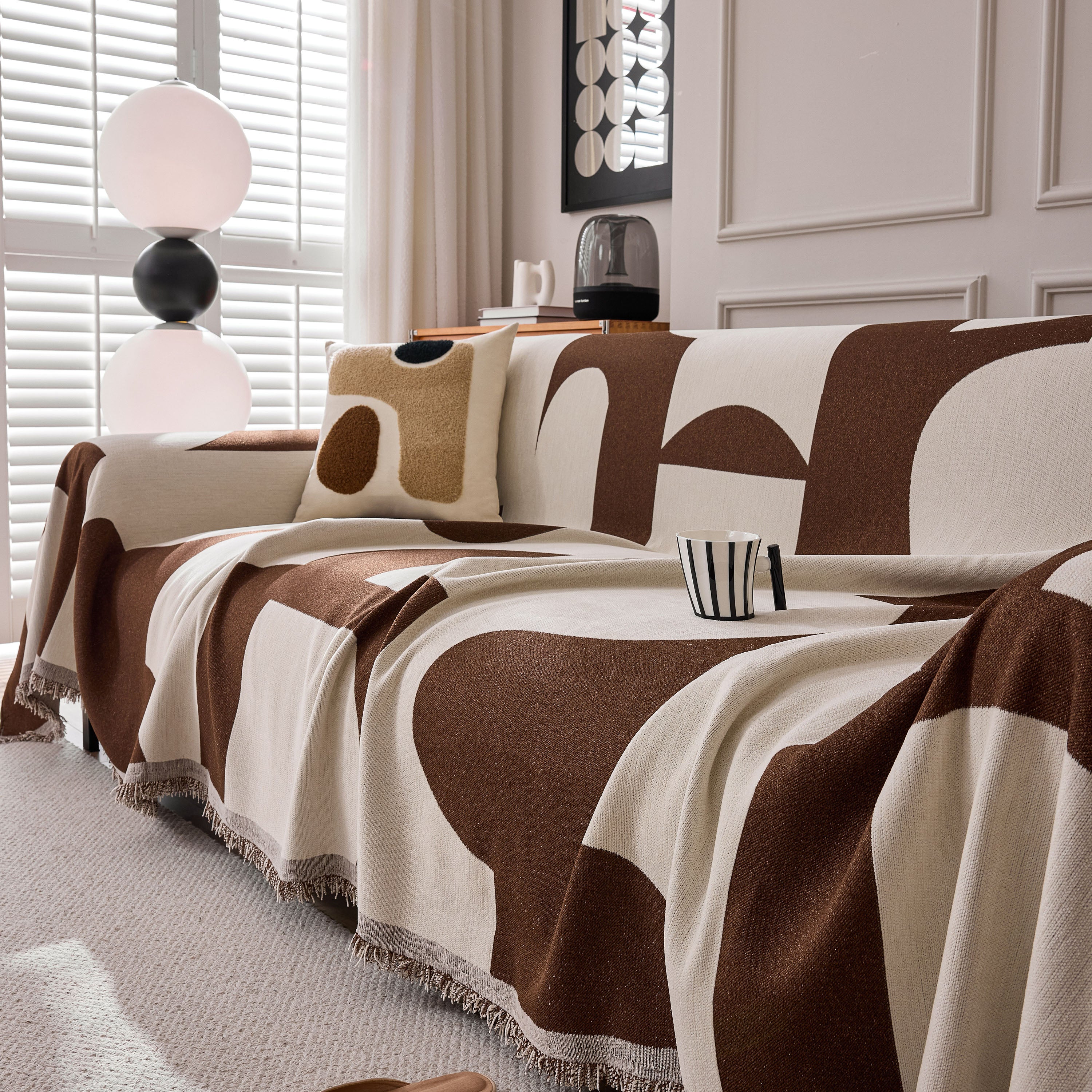 Modern Abstract Chenille Sofa Cover, Large Soft Throw Blanket with Tassels for Couch