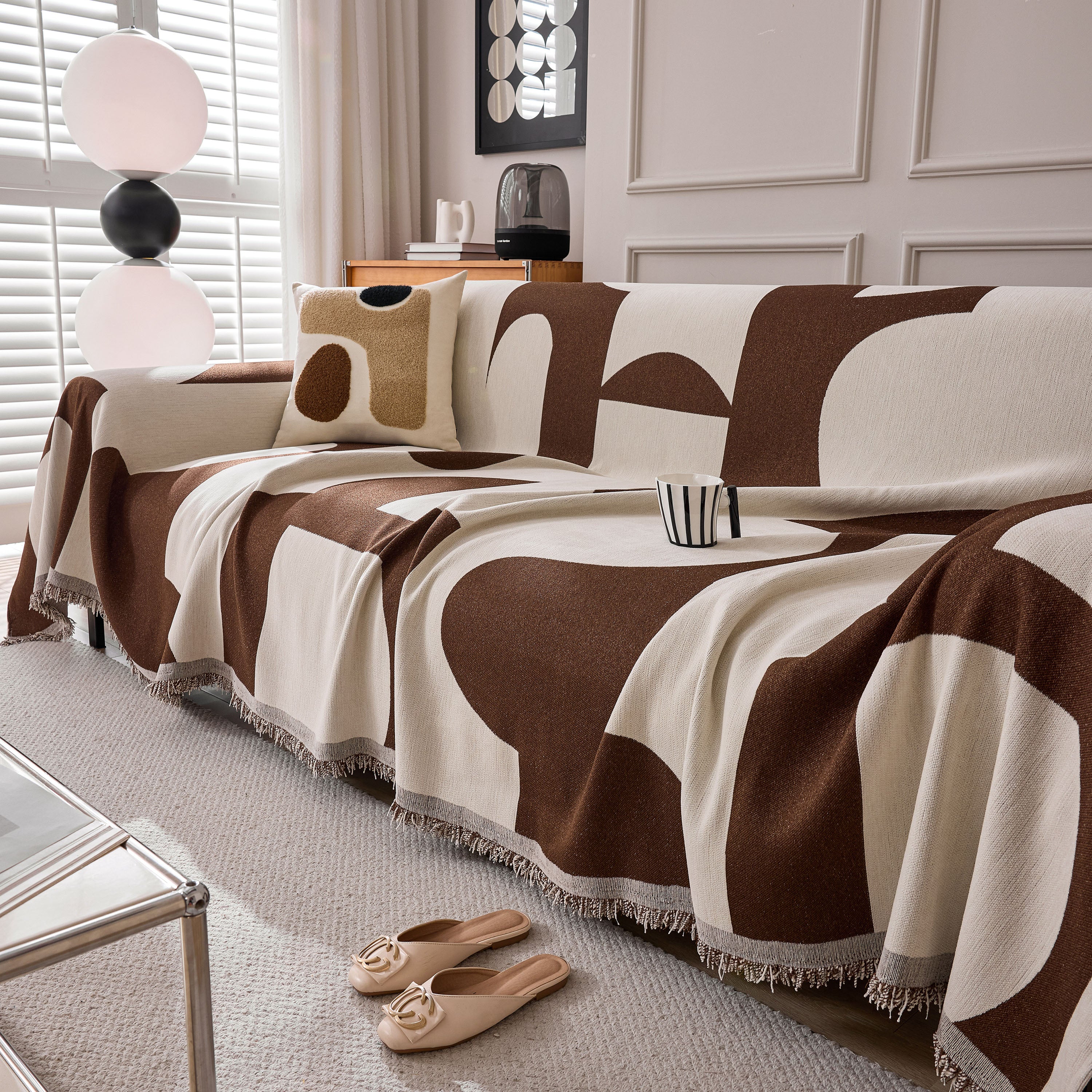 Modern Abstract Chenille Sofa Cover, Large Soft Throw Blanket with Tassels for Couch