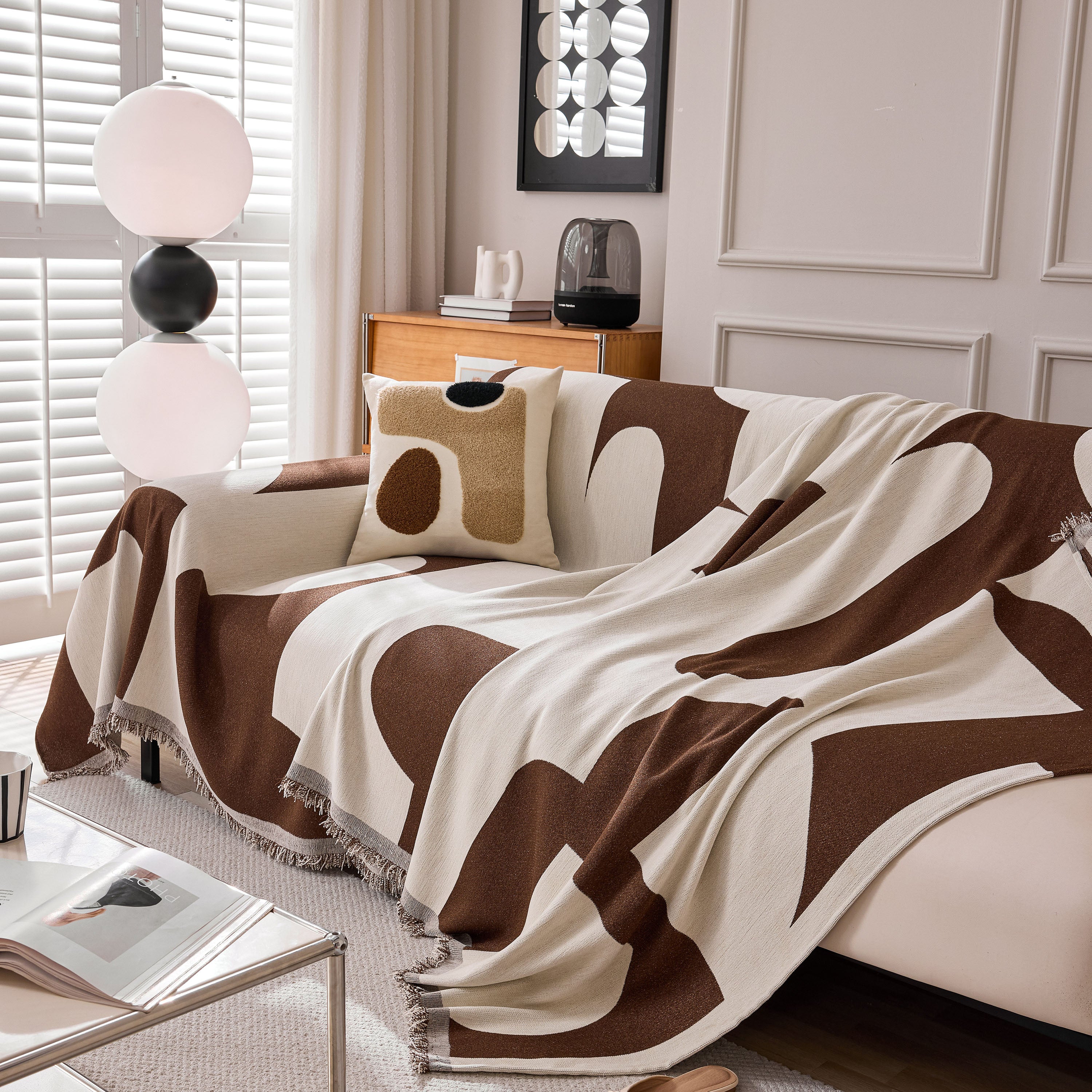 Modern Abstract Chenille Sofa Cover, Large Soft Throw Blanket with Tassels for Couch