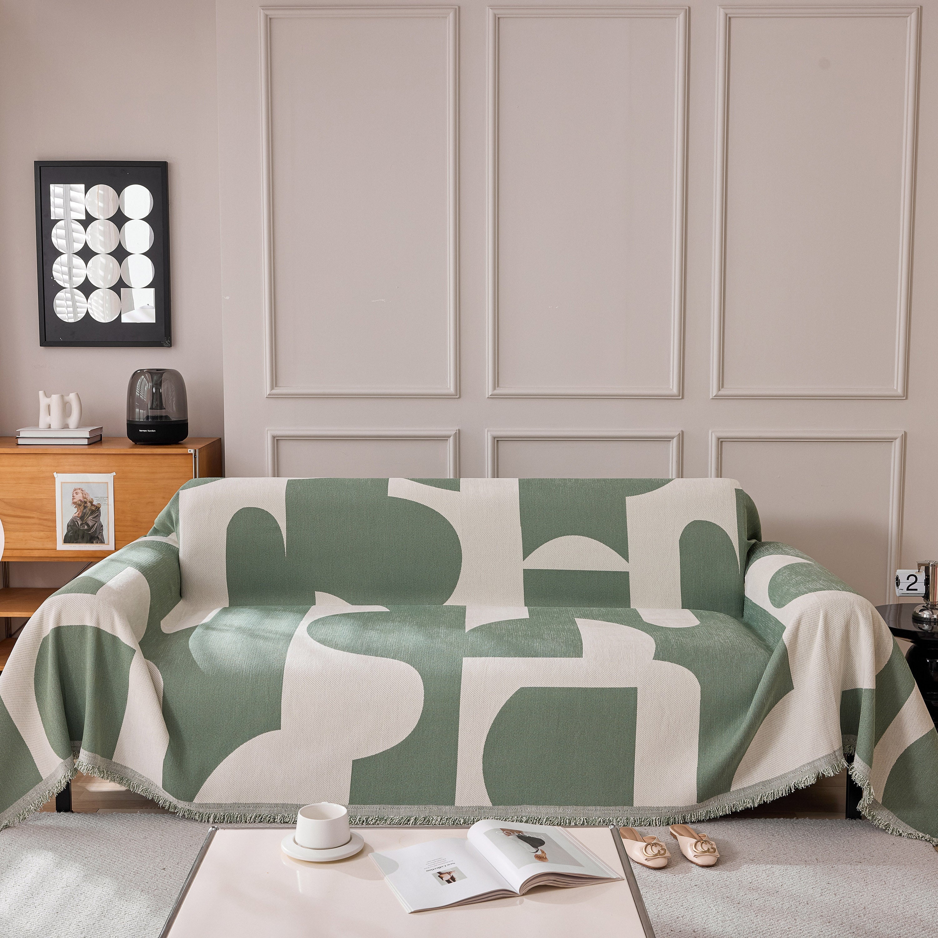 Modern Abstract Chenille Sofa Cover, Large Soft Throw Blanket with Tassels for Couch