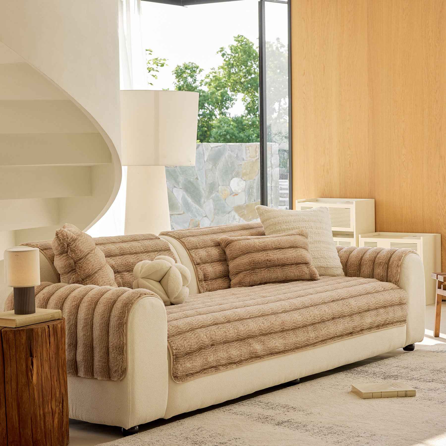 Plush Faux Rabbit Fur Sofa Cover, Warm Non-Slip Couch Protector for Leather Sofas