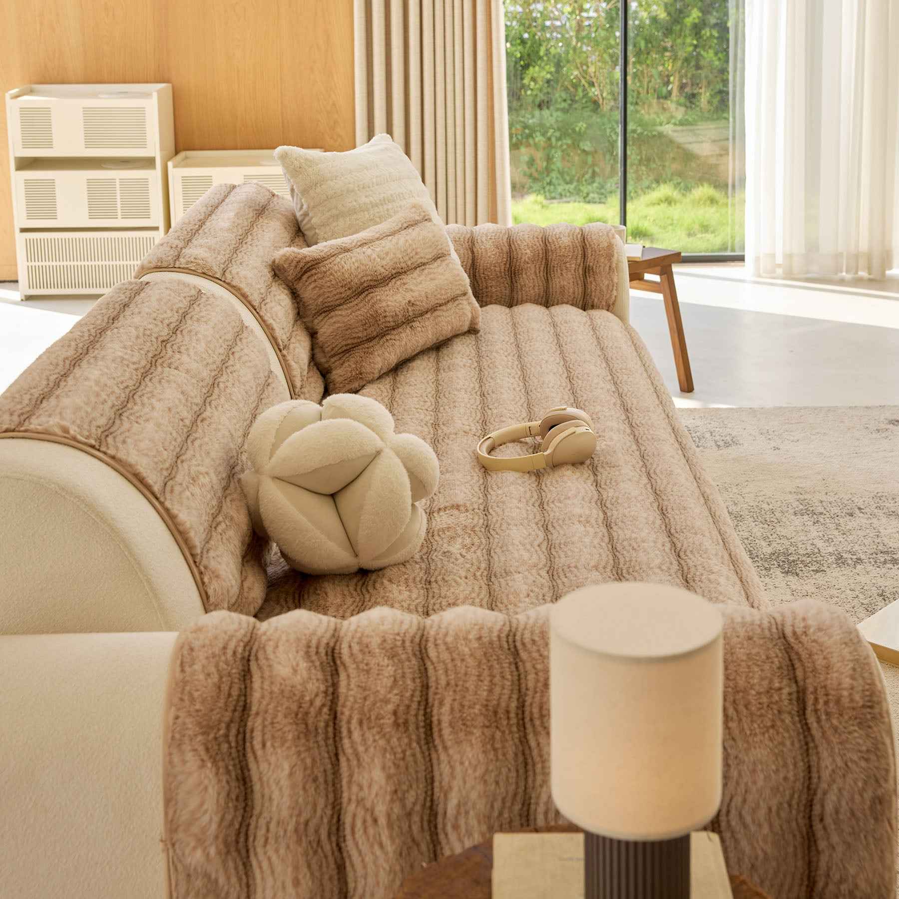 Plush Faux Rabbit Fur Sofa Cover, Warm Non-Slip Couch Protector for Leather Sofas