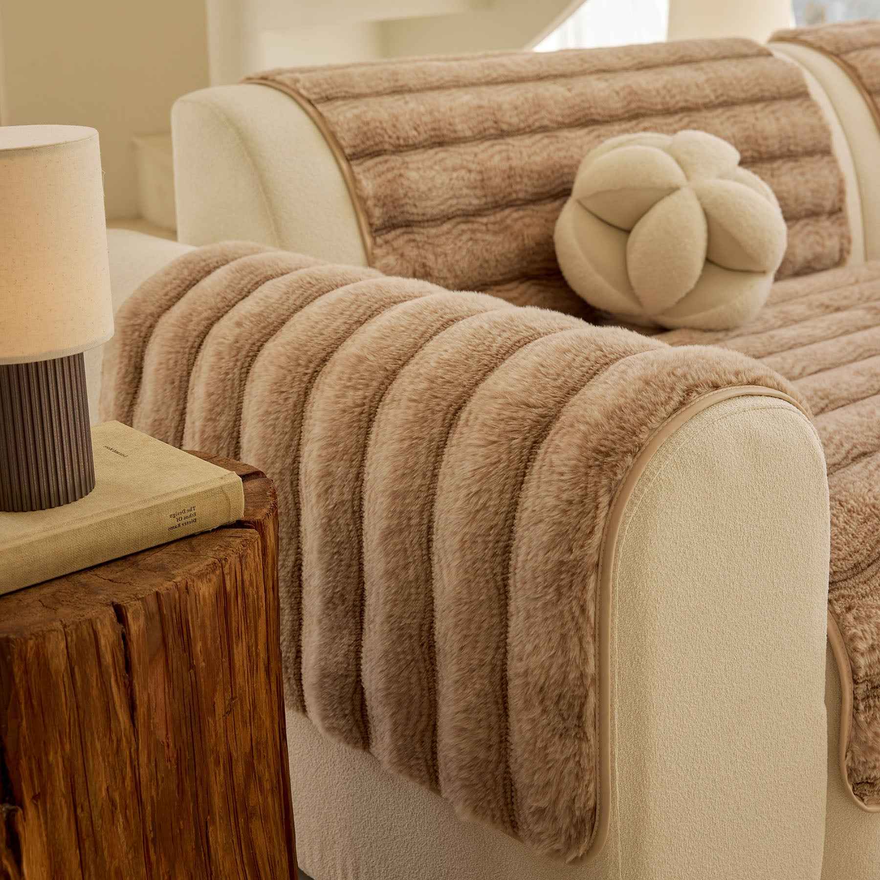 Plush Faux Rabbit Fur Sofa Cover, Warm Non-Slip Couch Protector for Leather Sofas