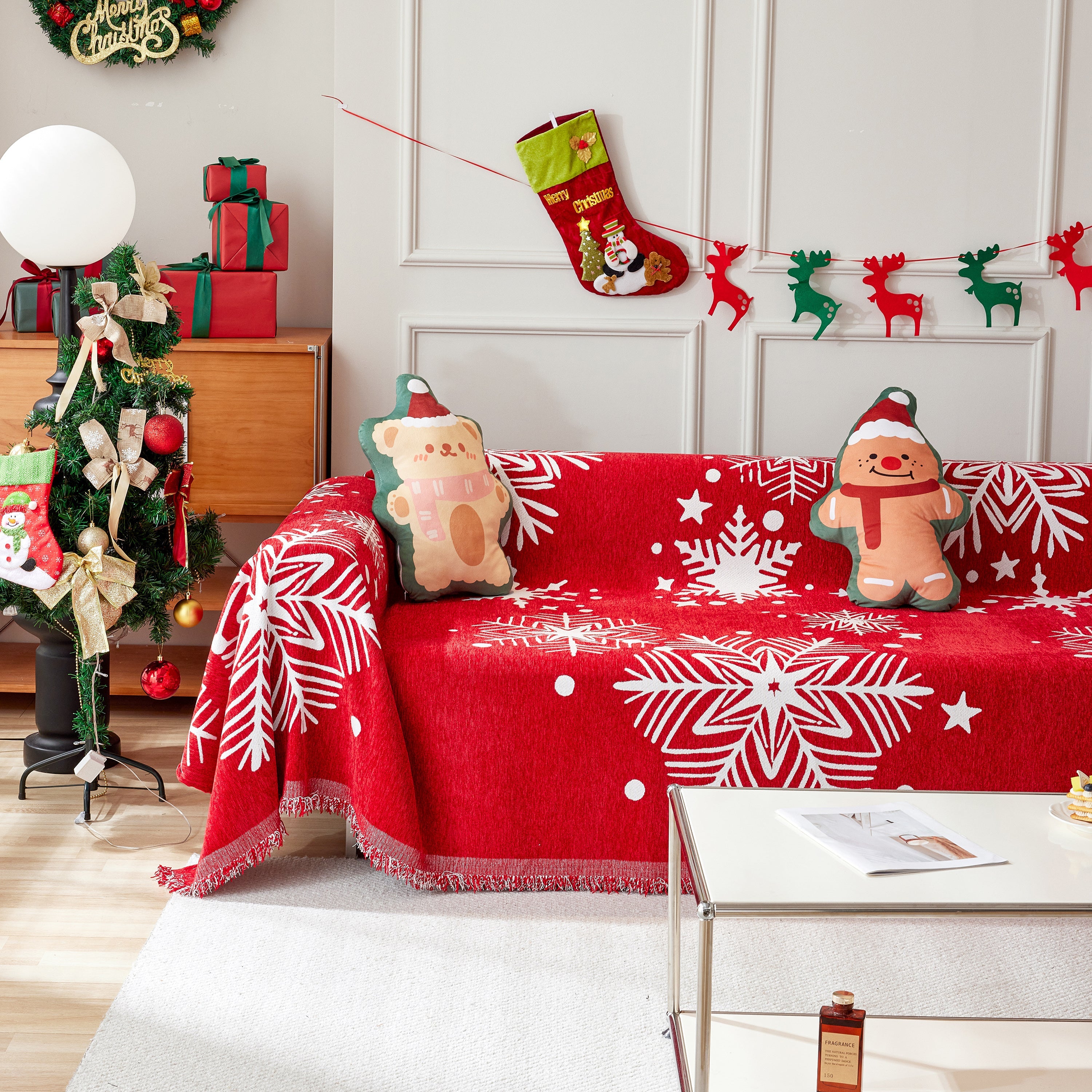 Merry Christmas Cozy Chenille Couch Cover Blanket, Non Slip Sofa Cover, Furniture Covers for Pets