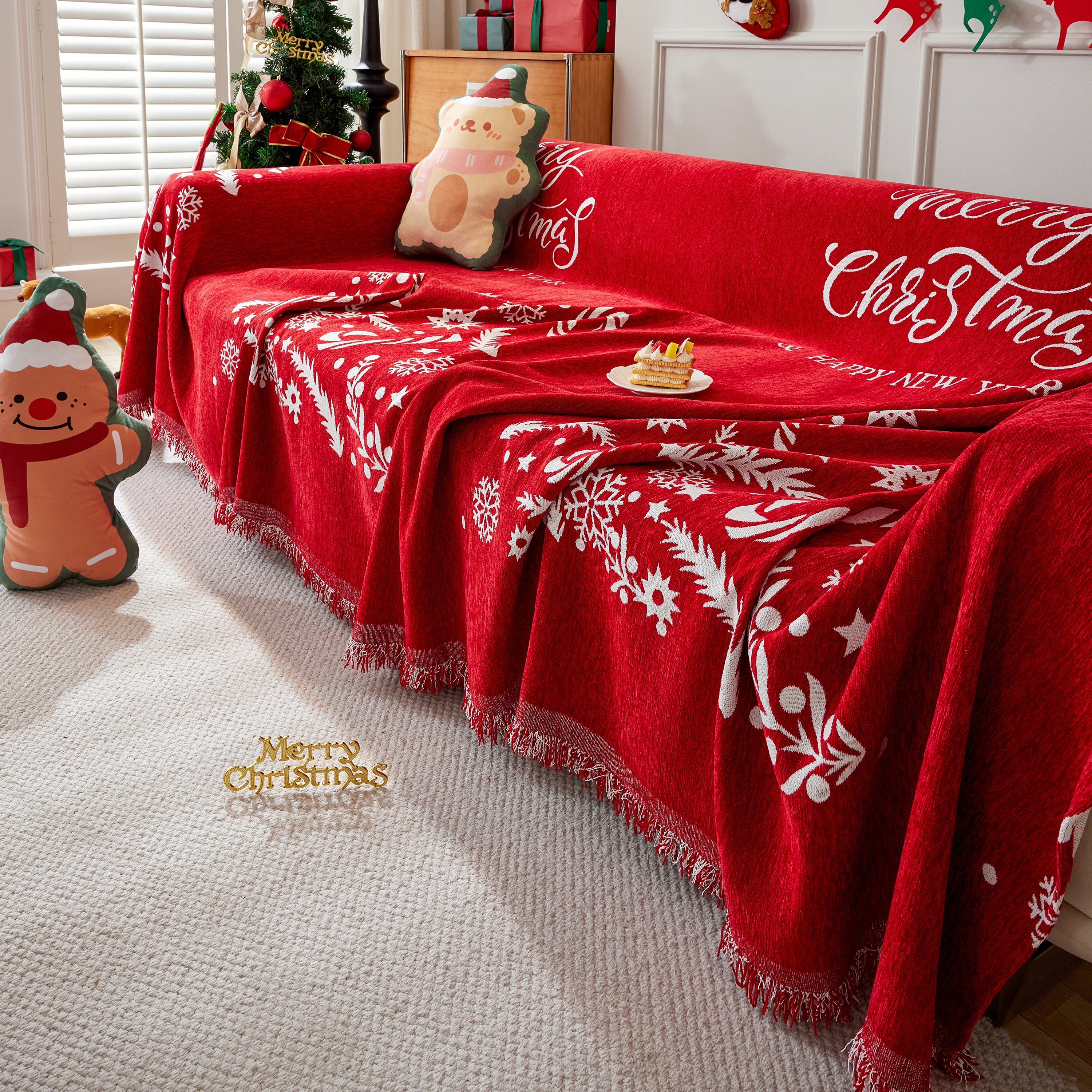Merry Christmas Cozy Chenille Couch Cover Blanket, Non Slip Sofa Cover, Furniture Covers for Pets