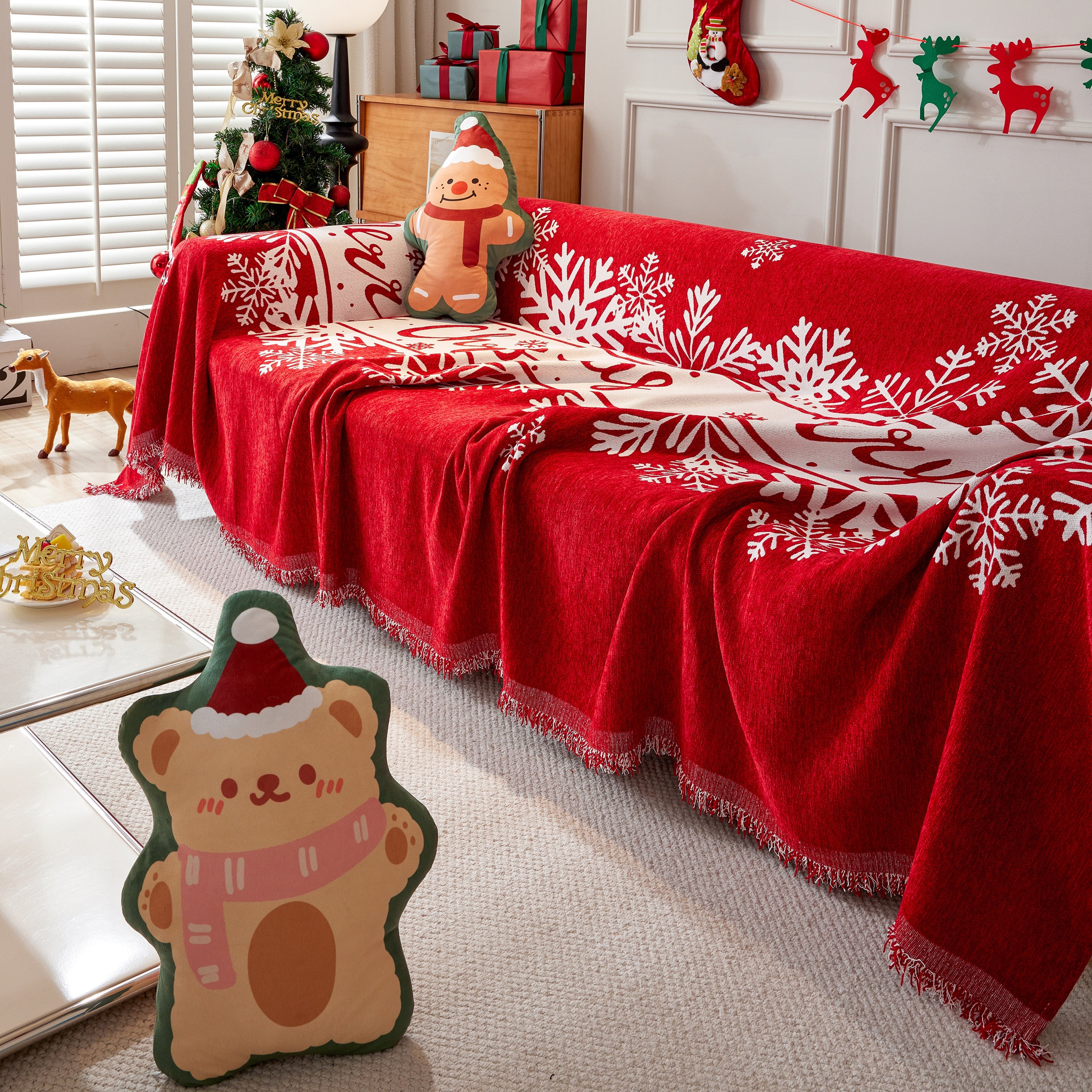 Merry Christmas Cozy Chenille Couch Cover Blanket, Non Slip Sofa Cover, Furniture Covers for Pets