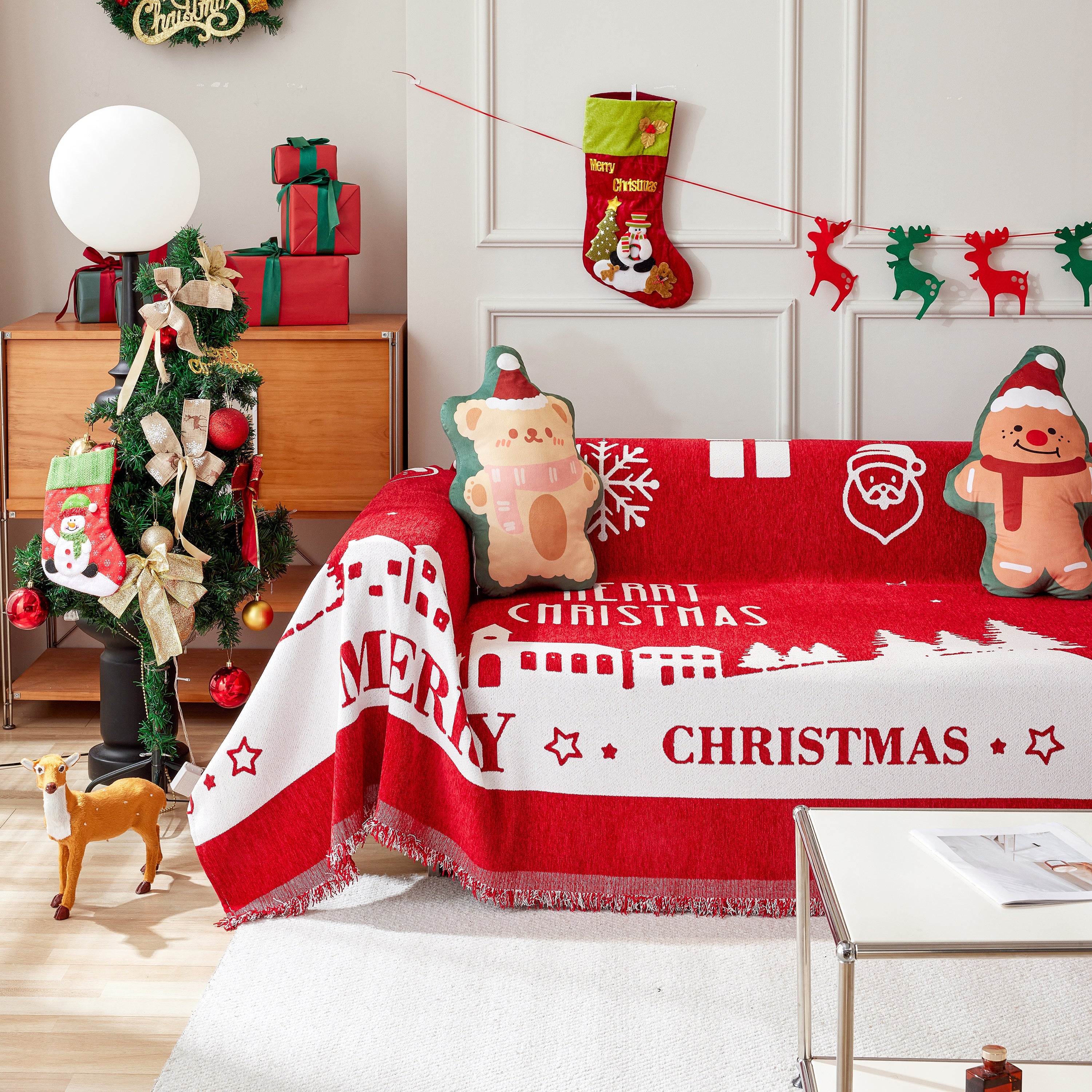 Merry Christmas Cozy Chenille Couch Cover Blanket, Non Slip Sofa Cover, Furniture Covers for Pets