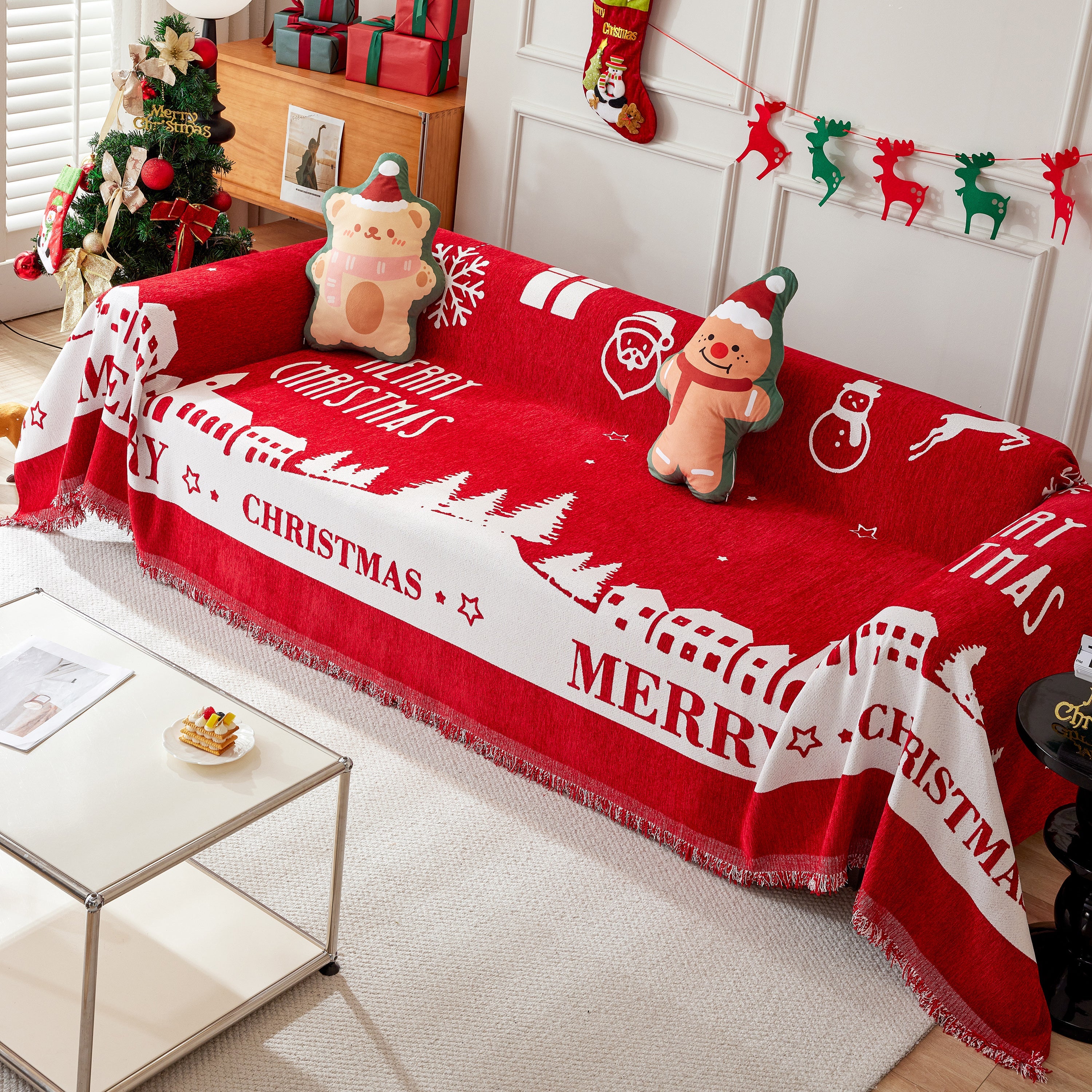 Merry Christmas Cozy Chenille Couch Cover Blanket, Non Slip Sofa Cover, Furniture Covers for Pets