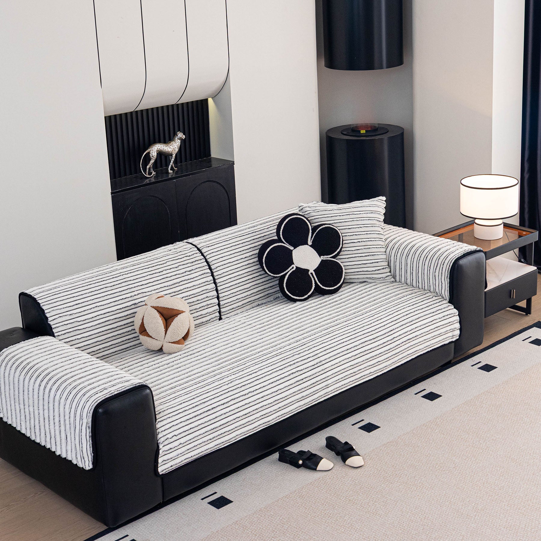 Plush Striped Couch Seat and Backrest Cover, Non-Slip Individual Sofa Protector