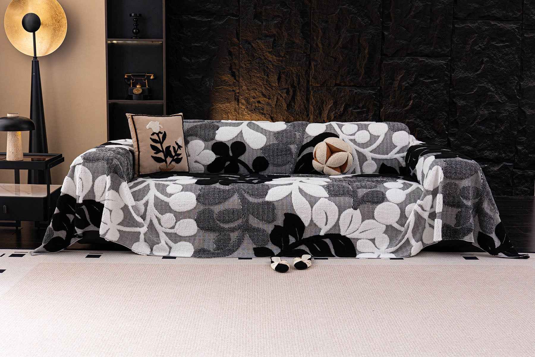 Vintage Boho Floral Sofa Throw Cover, 3D Soft Tufted Plush Couch Protector Futon Cover