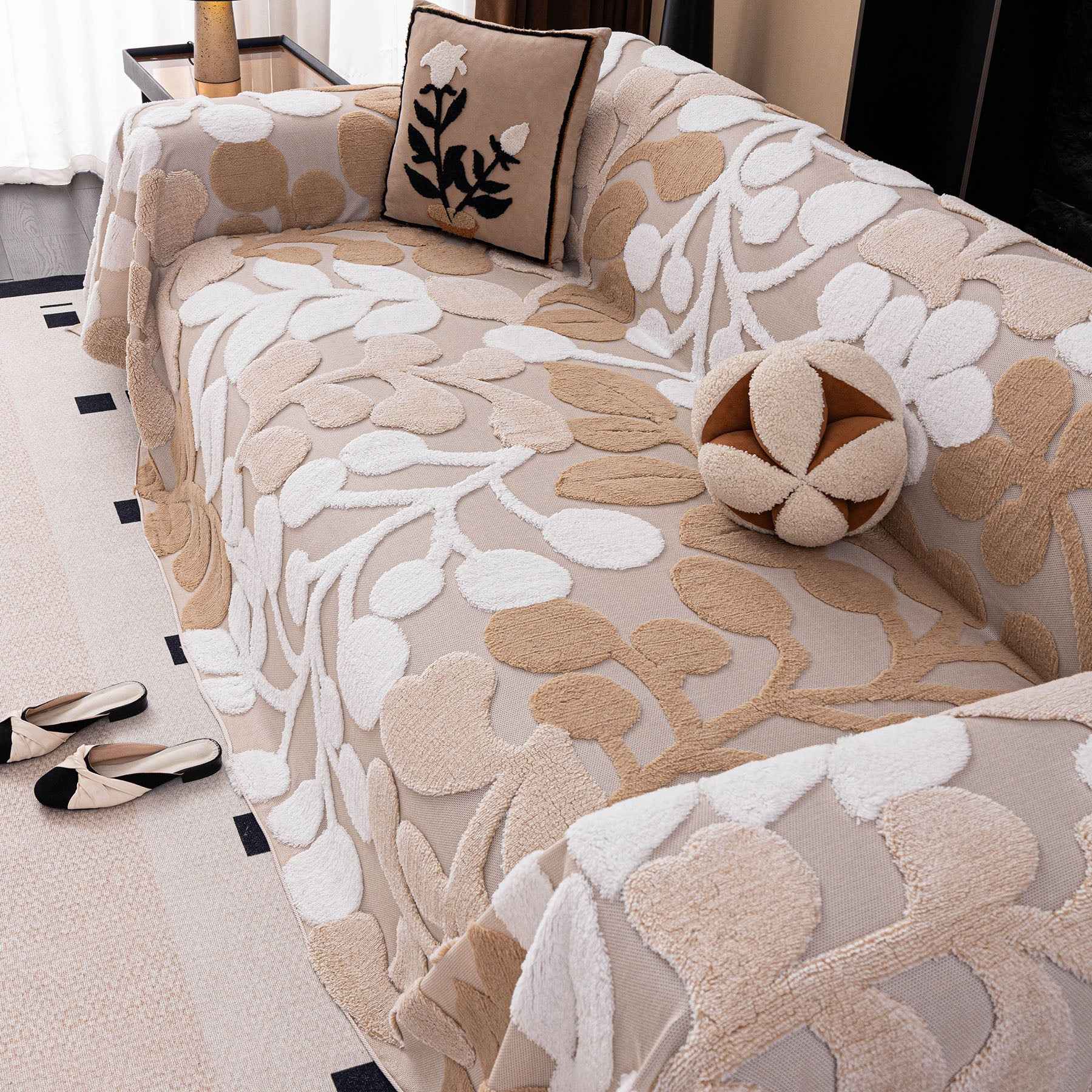 Vintage Boho Floral Sofa Throw Cover, 3D Soft Tufted Plush Couch Protector Futon Cover