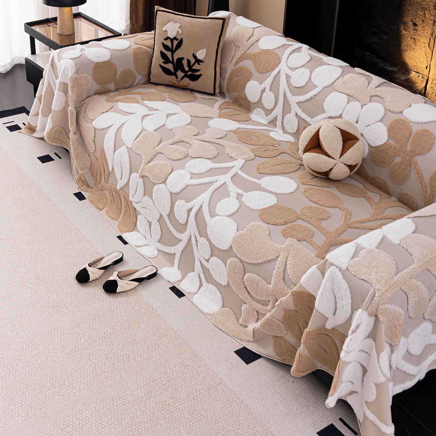 Vintage Boho Floral Sofa Throw Cover, 3D Soft Tufted Plush Couch Protector Futon Cover