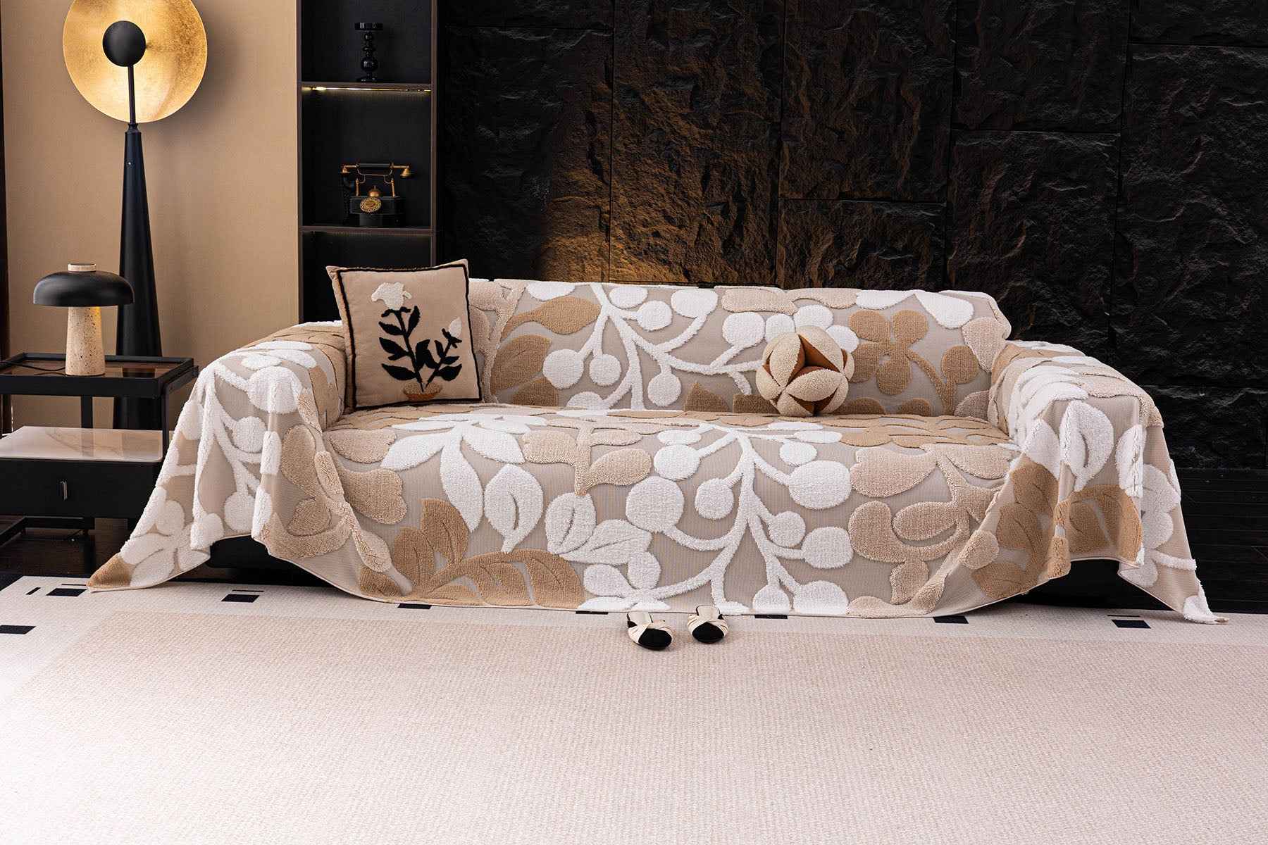 Vintage Boho Floral Sofa Throw Cover, 3D Soft Tufted Plush Couch Protector Futon Cover