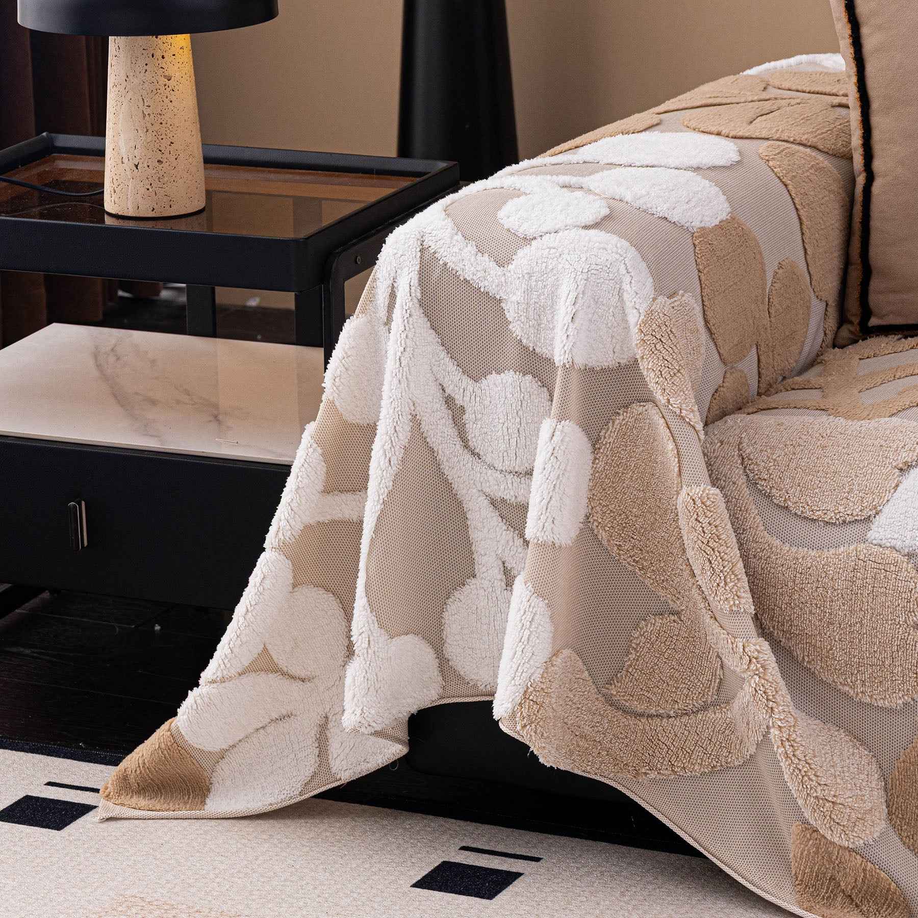 Vintage Boho Floral Sofa Throw Cover, 3D Soft Tufted Plush Couch Protector Futon Cover