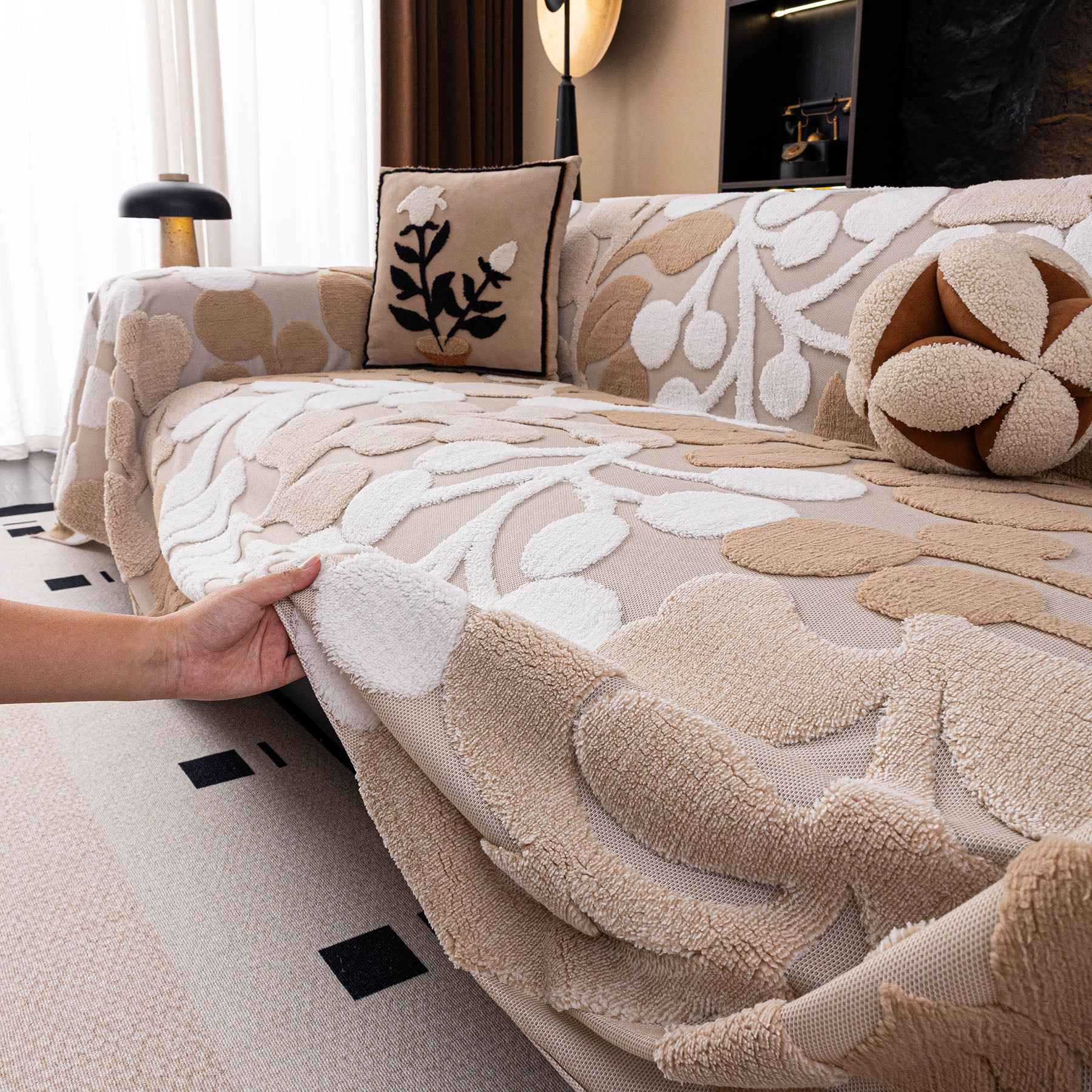 Vintage Boho Floral Sofa Throw Cover, 3D Soft Tufted Plush Couch Protector Futon Cover