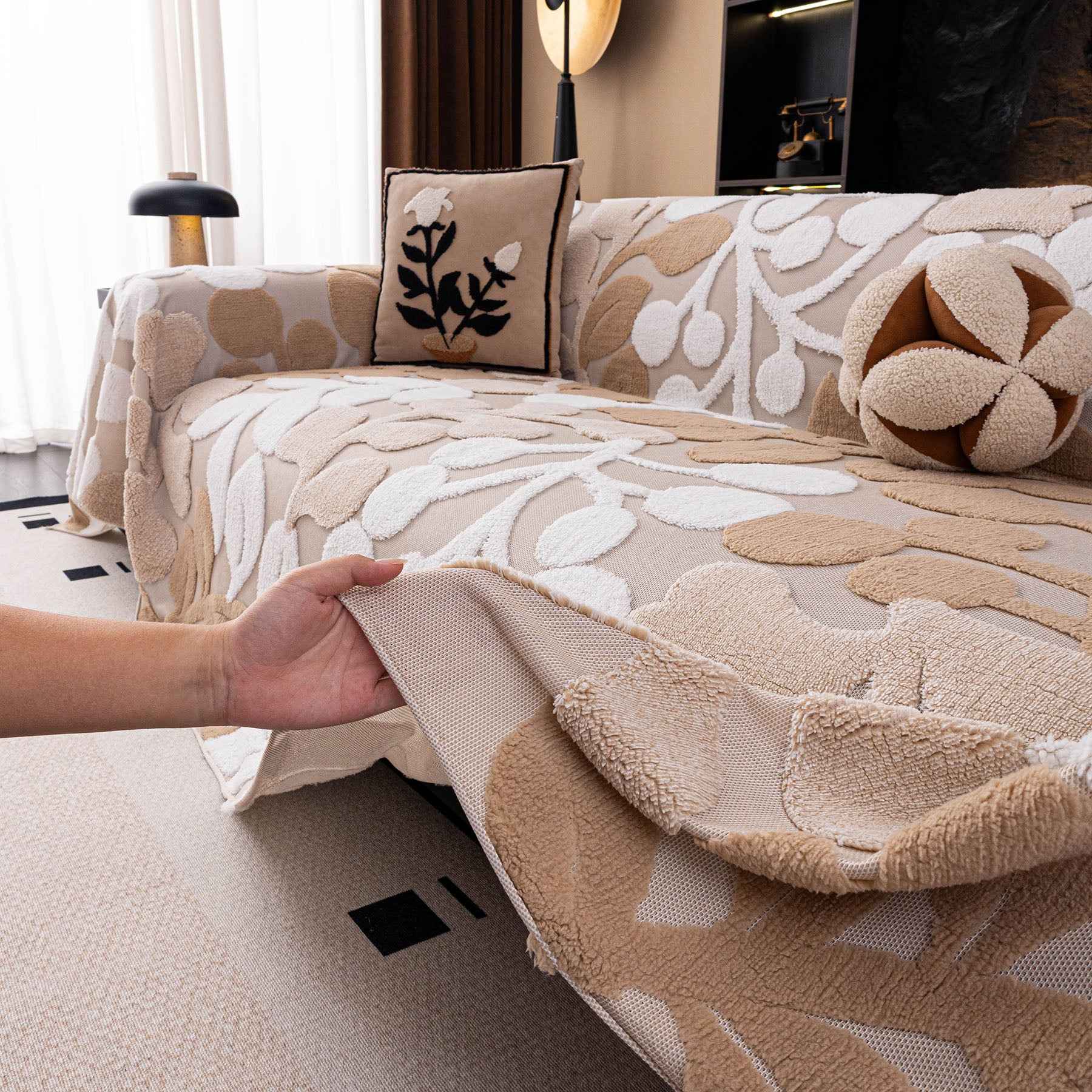 Vintage Boho Floral Sofa Throw Cover, 3D Soft Tufted Plush Couch Protector Futon Cover