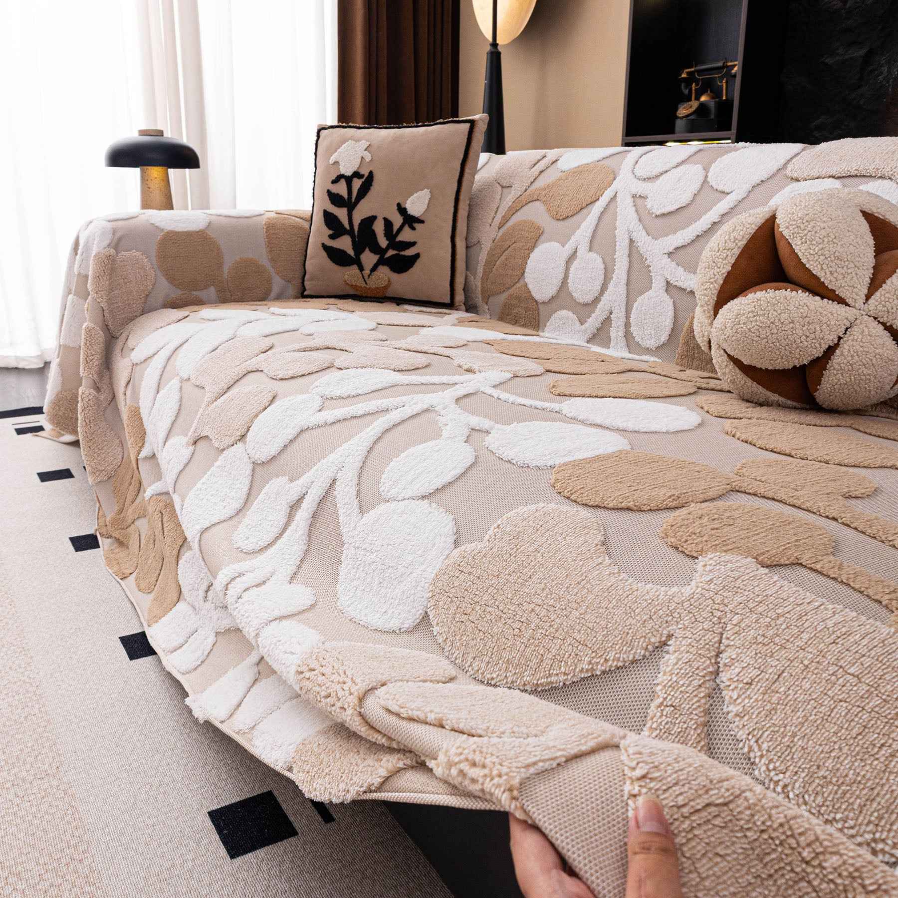 Vintage Boho Floral Sofa Throw Cover, 3D Soft Tufted Plush Couch Protector Futon Cover