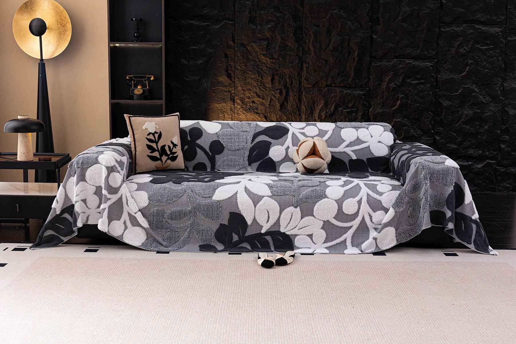Vintage Boho Floral Sofa Throw Cover, 3D Soft Tufted Plush Couch Protector Futon Cover