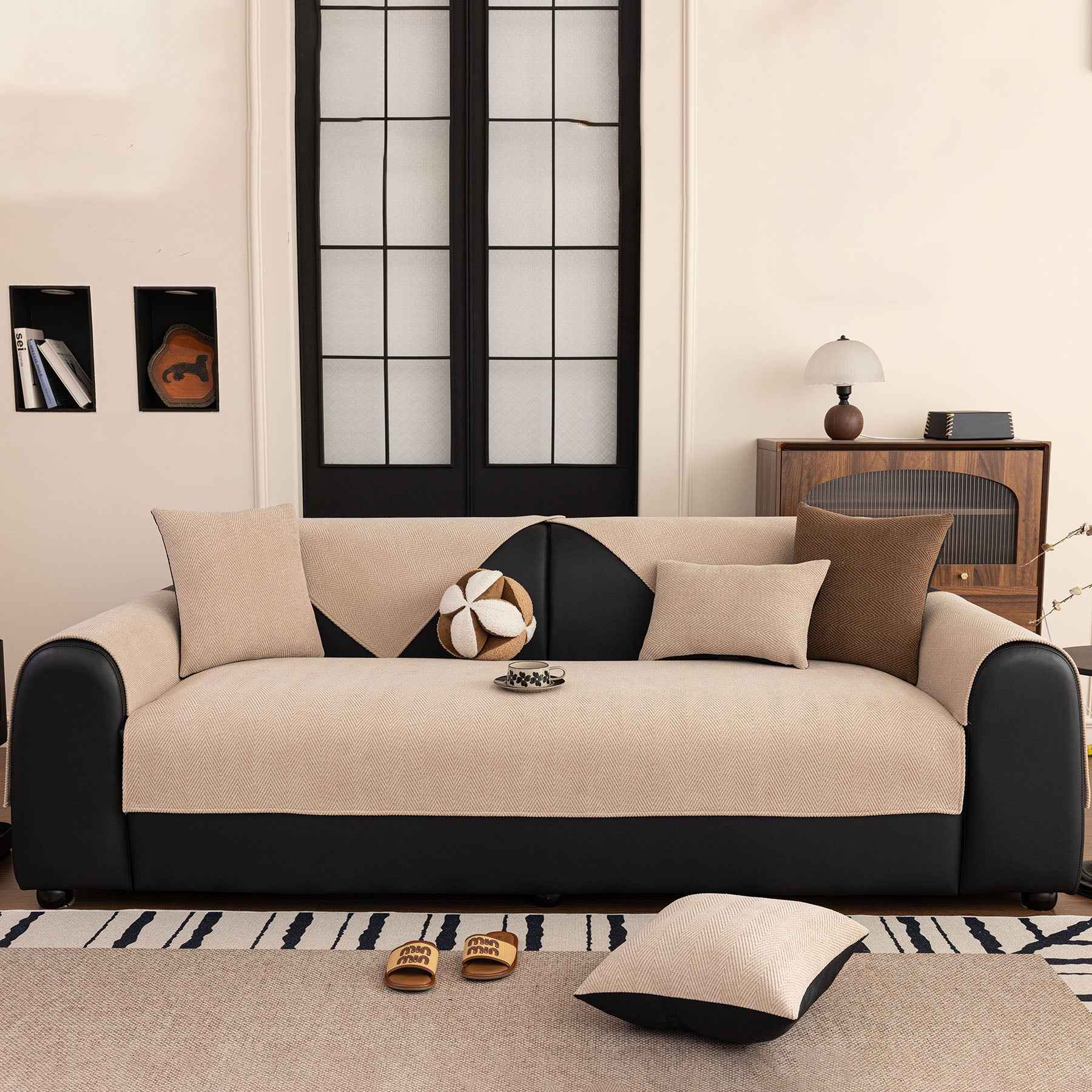 Chenille Textured Herringbone Sofa Cover, Non-Slip Couch Protector for Pets & Kids