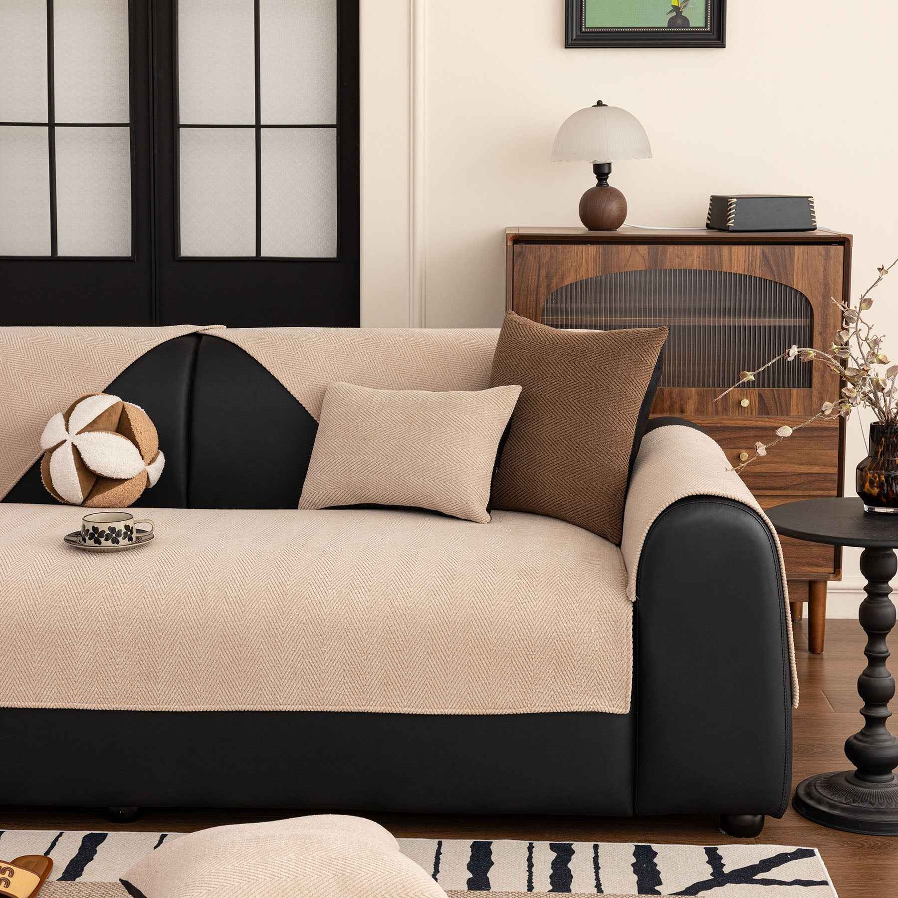 Chenille Textured Herringbone Sofa Cover, Non-Slip Couch Protector for Pets & Kids