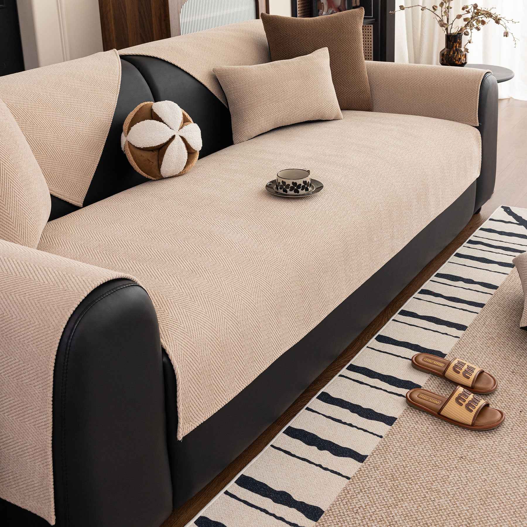 Chenille Textured Herringbone Sofa Cover, Non-Slip Couch Protector for Pets & Kids