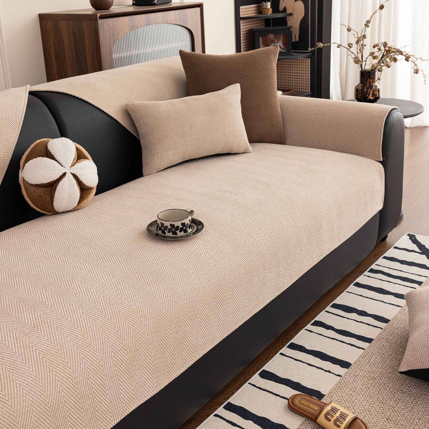 Chenille Textured Herringbone Sofa Cover, Non-Slip Couch Protector for Pets & Kids