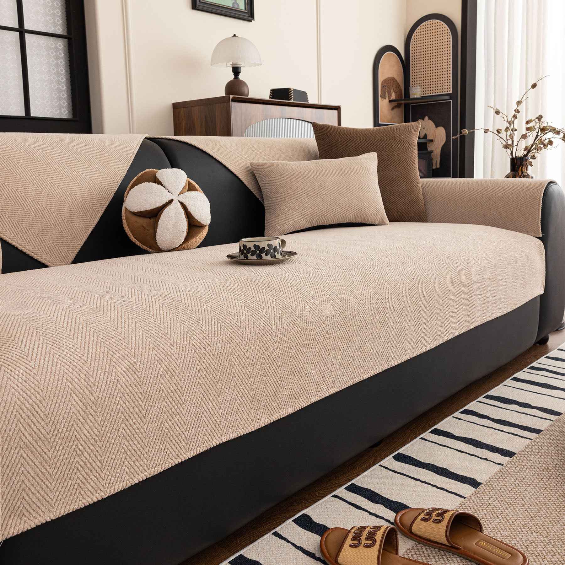 Chenille Textured Herringbone Sofa Cover, Non-Slip Couch Protector for Pets & Kids