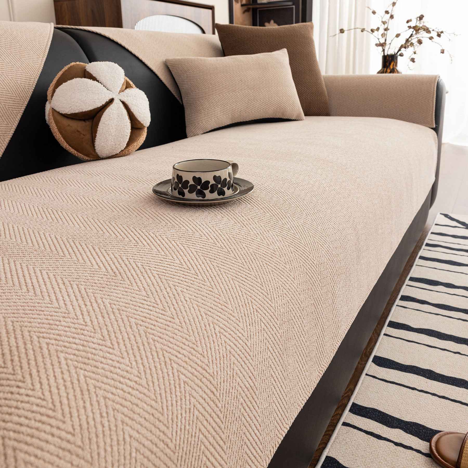 Chenille Textured Herringbone Sofa Cover, Non-Slip Couch Protector for Pets & Kids
