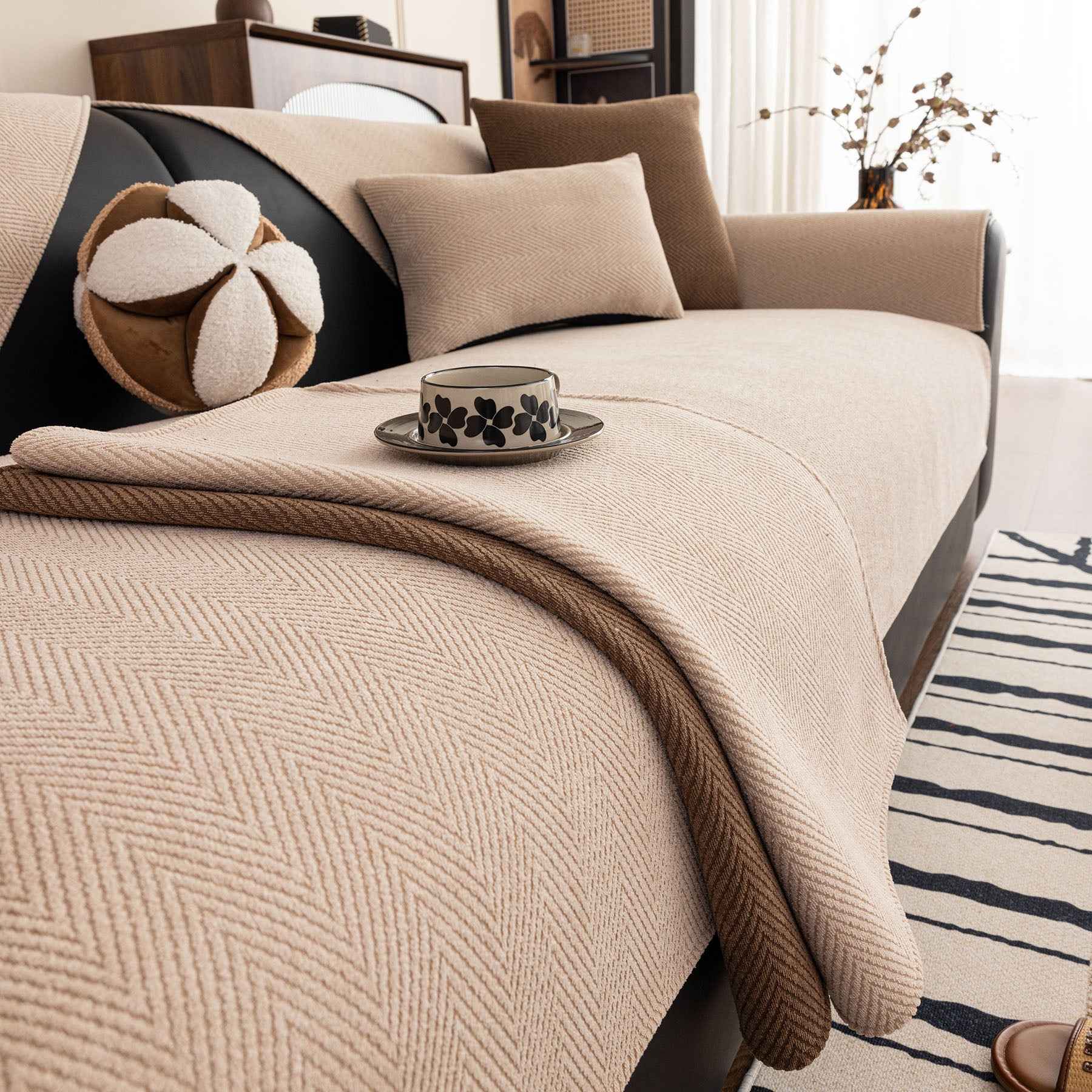 Chenille Textured Herringbone Sofa Cover, Non-Slip Couch Protector for Pets & Kids
