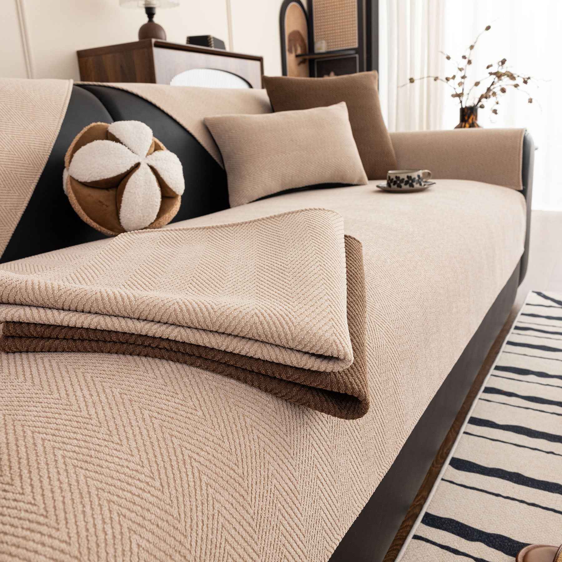 Chenille Textured Herringbone Sofa Cover, Non-Slip Couch Protector for Pets & Kids