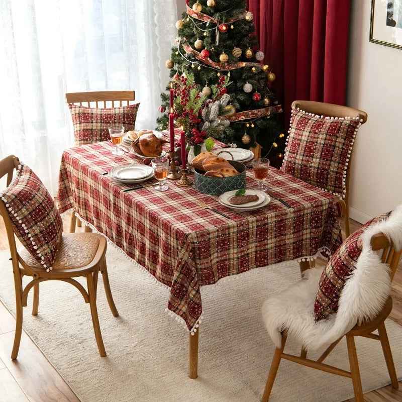 Red Christmas Tablecloths for Rectangle Tables with Tassel Decorative Table Cover