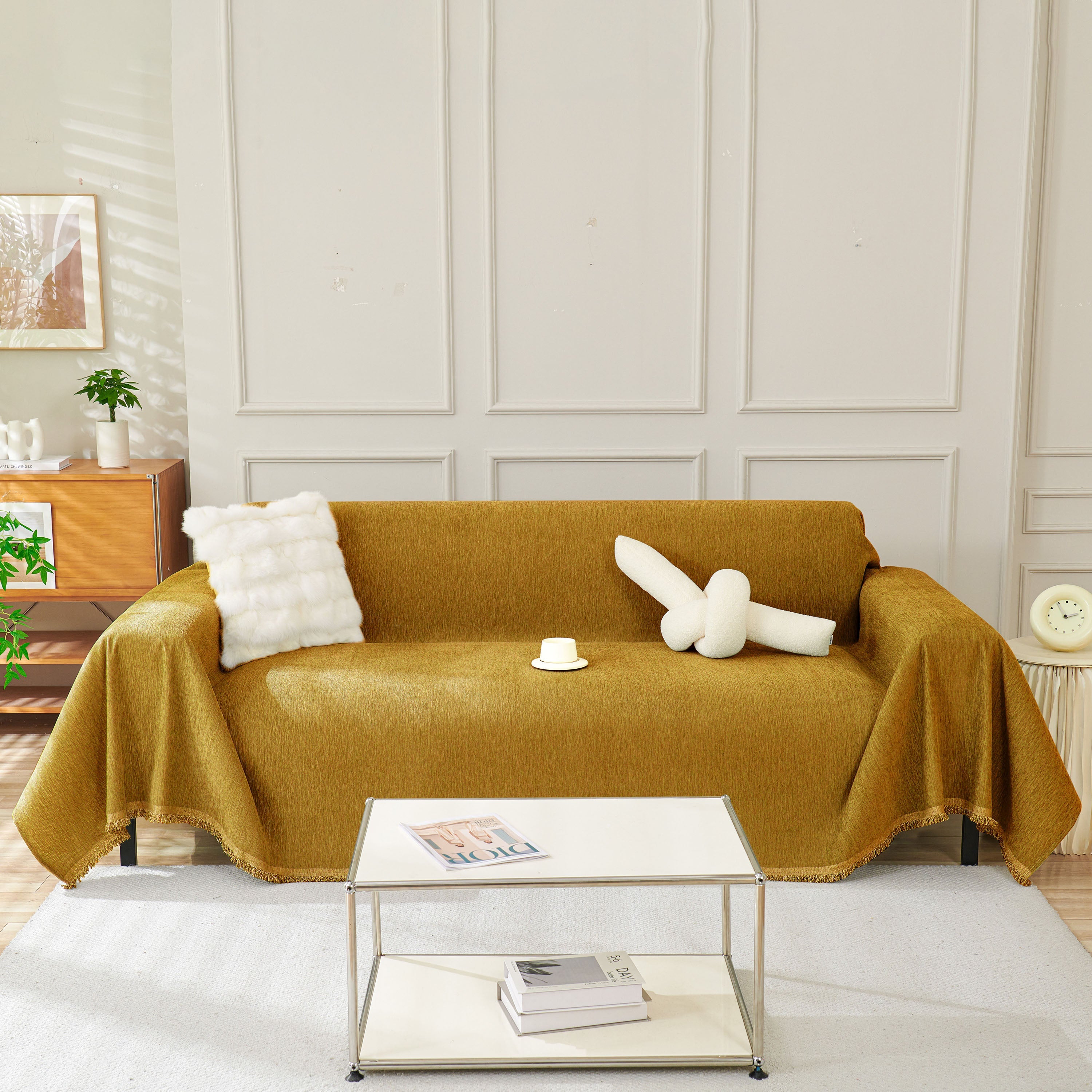Solid Color Chenille Sofa Throw Blanket, Modern Decor Soft Couch Cover with Fringes