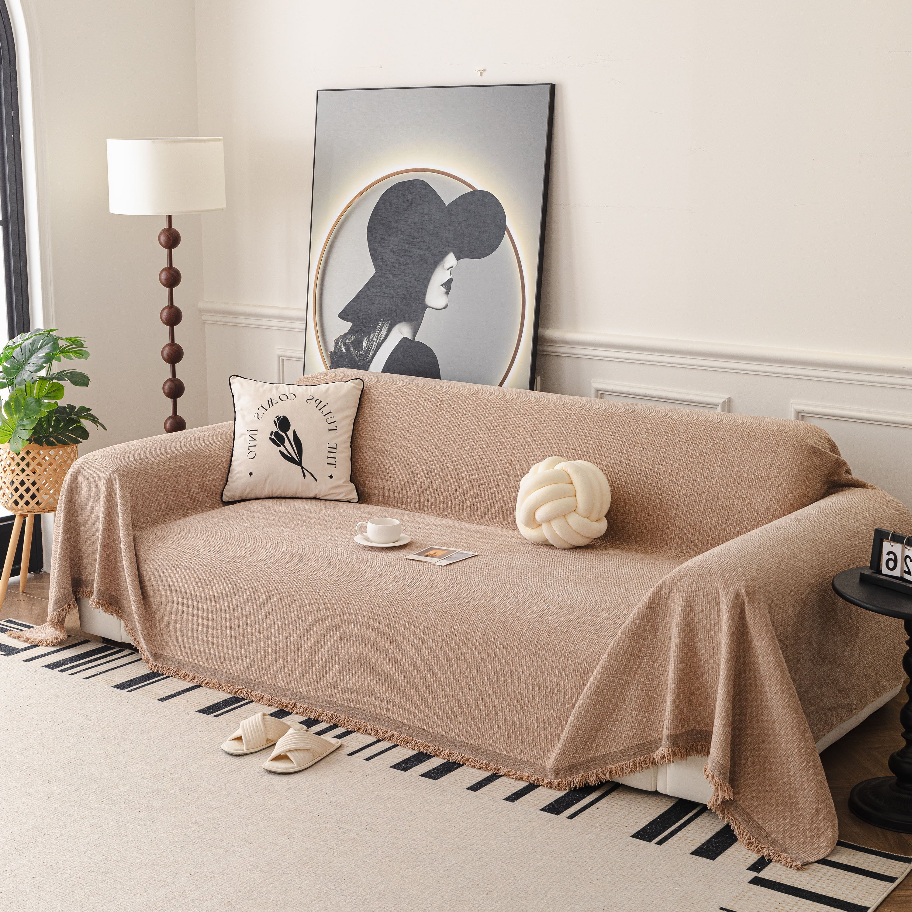 Textured Woven Modern Sofa Cover, Natural Blend Decorative Couch Throw Blanket