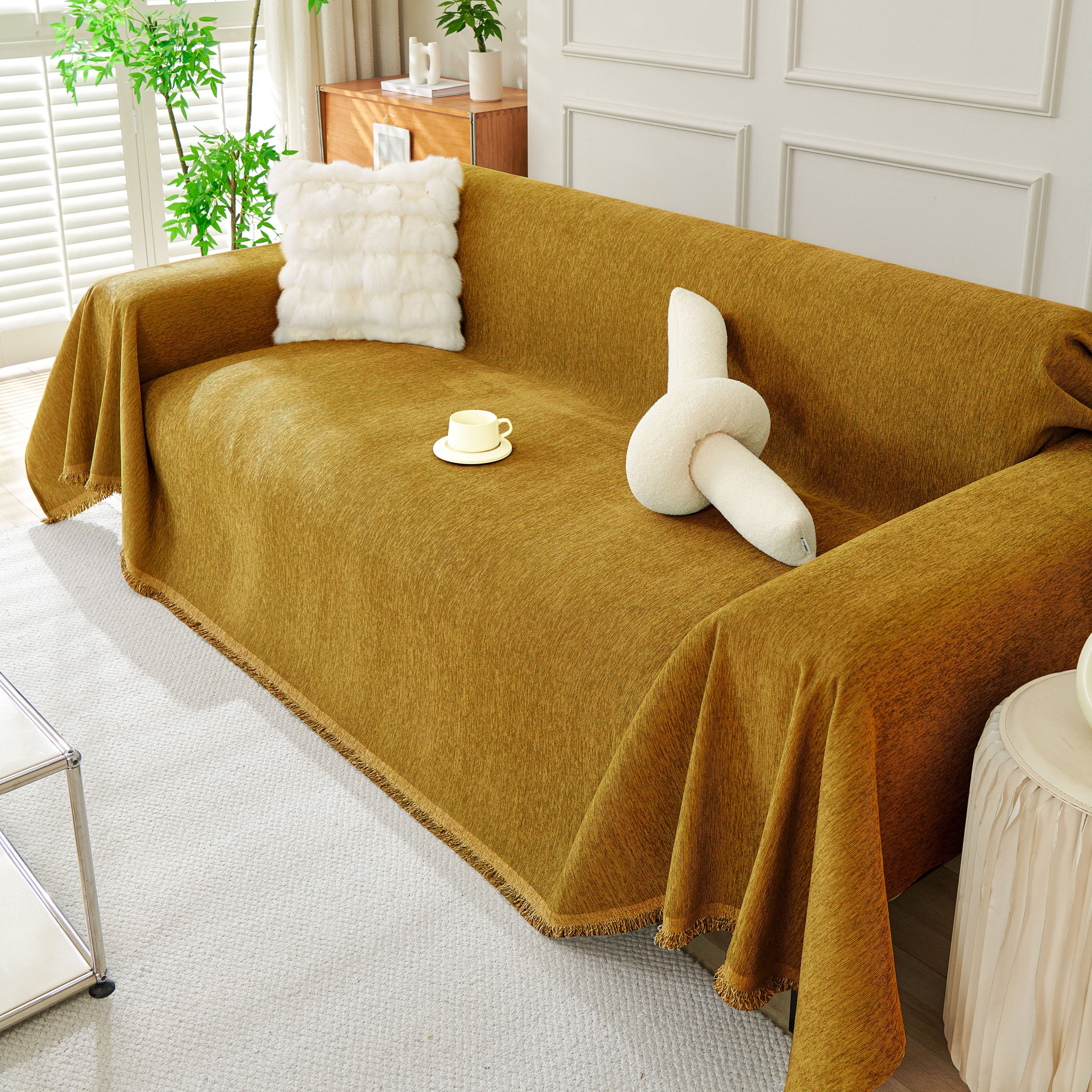 Solid Color Chenille Sofa Throw Blanket, Modern Decor Soft Couch Cover with Fringes