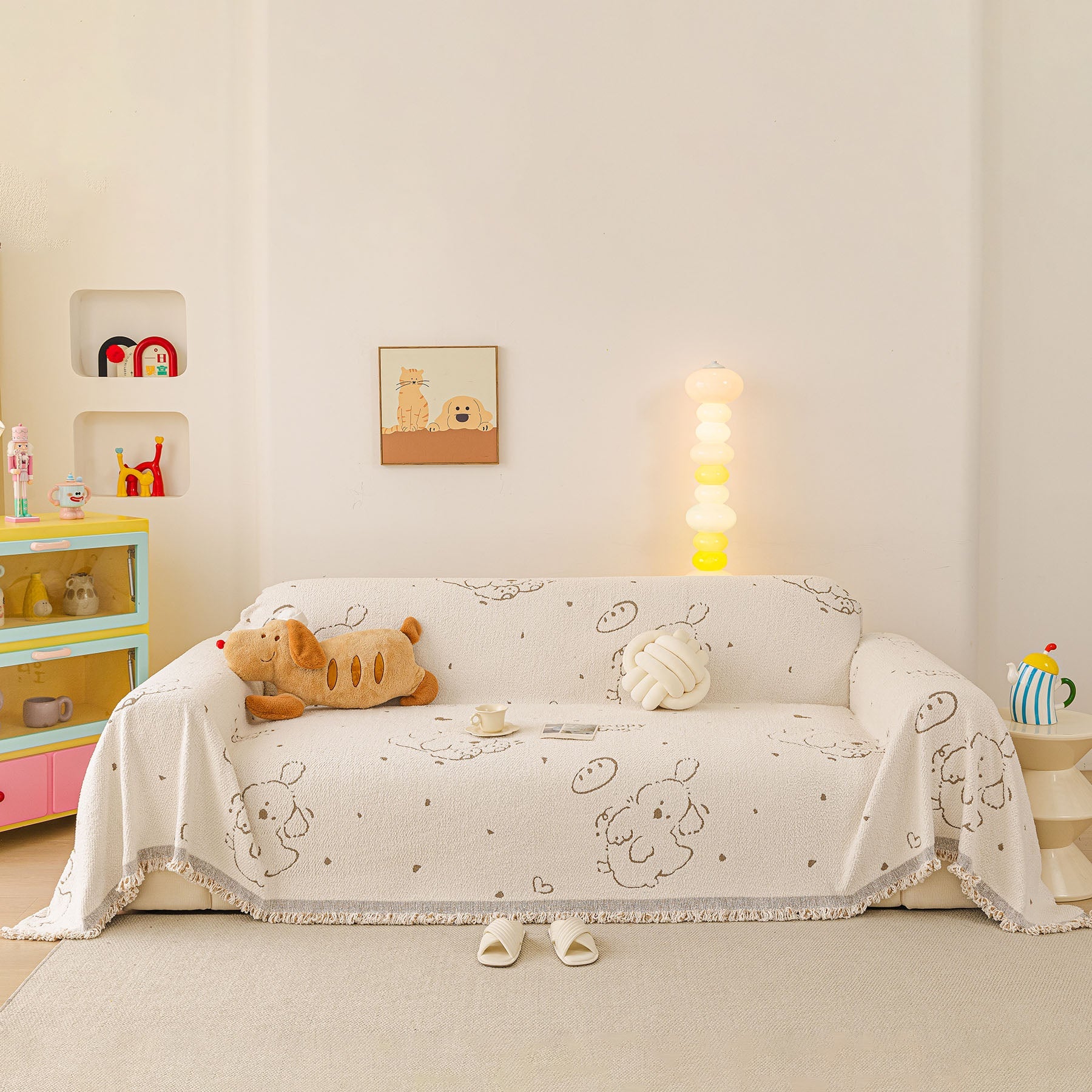 Cute Dog Pattern Plush Sofa Throw Cover, Soft Couch Protector Blanket with Fringe