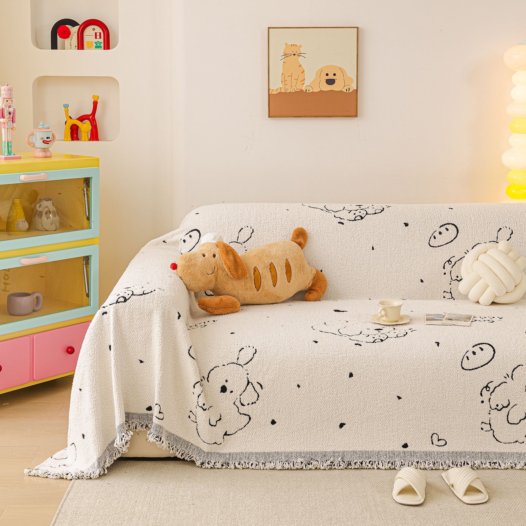 Cute Dog Pattern Plush Sofa Throw Cover, Soft Couch Protector Blanket with Fringe