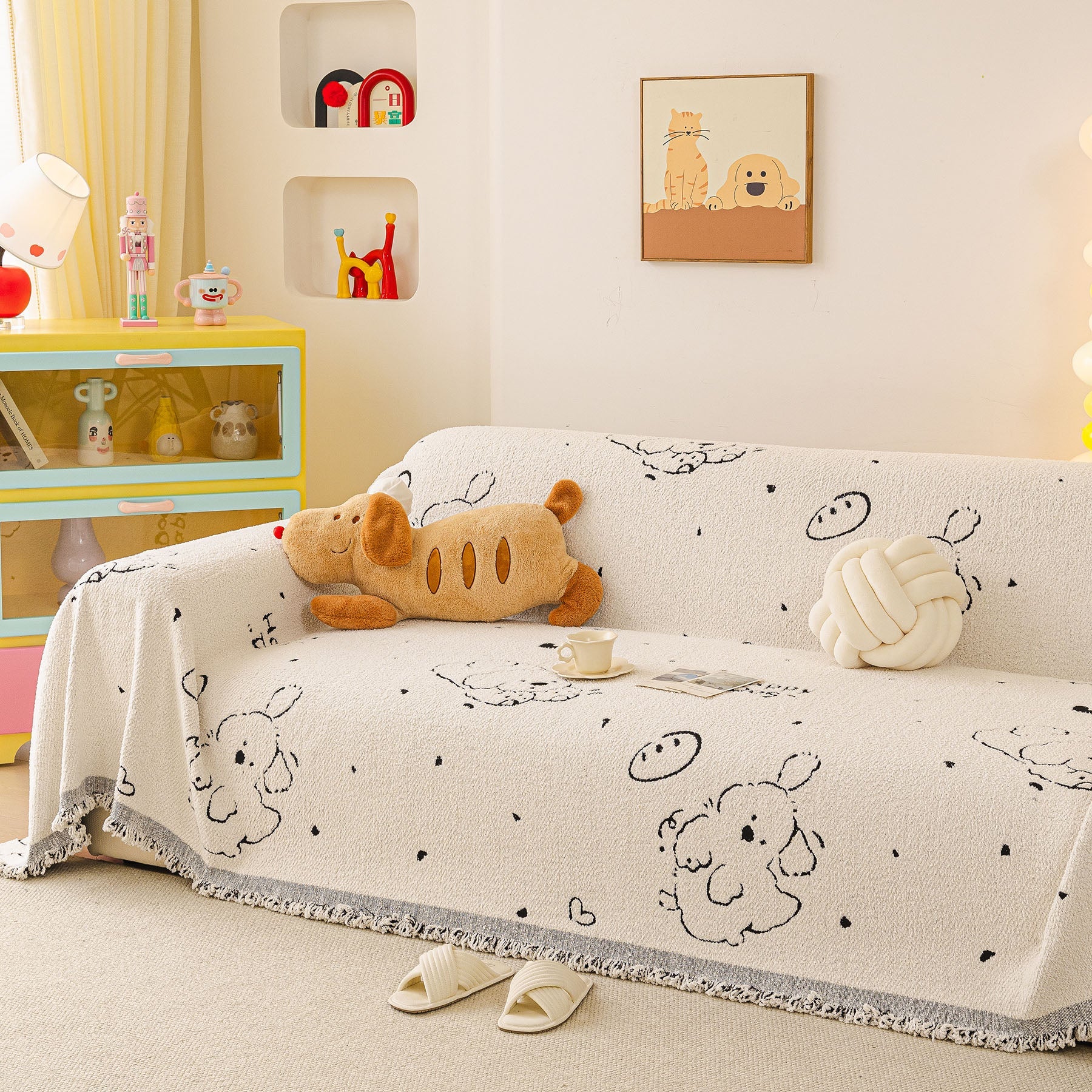 Cute Dog Pattern Plush Sofa Throw Cover, Soft Couch Protector Blanket with Fringe