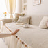Boho Couch Cover with Knitted Stripes, Chiffon Skirt & Pom Fringe, Pet-Friendly Throw