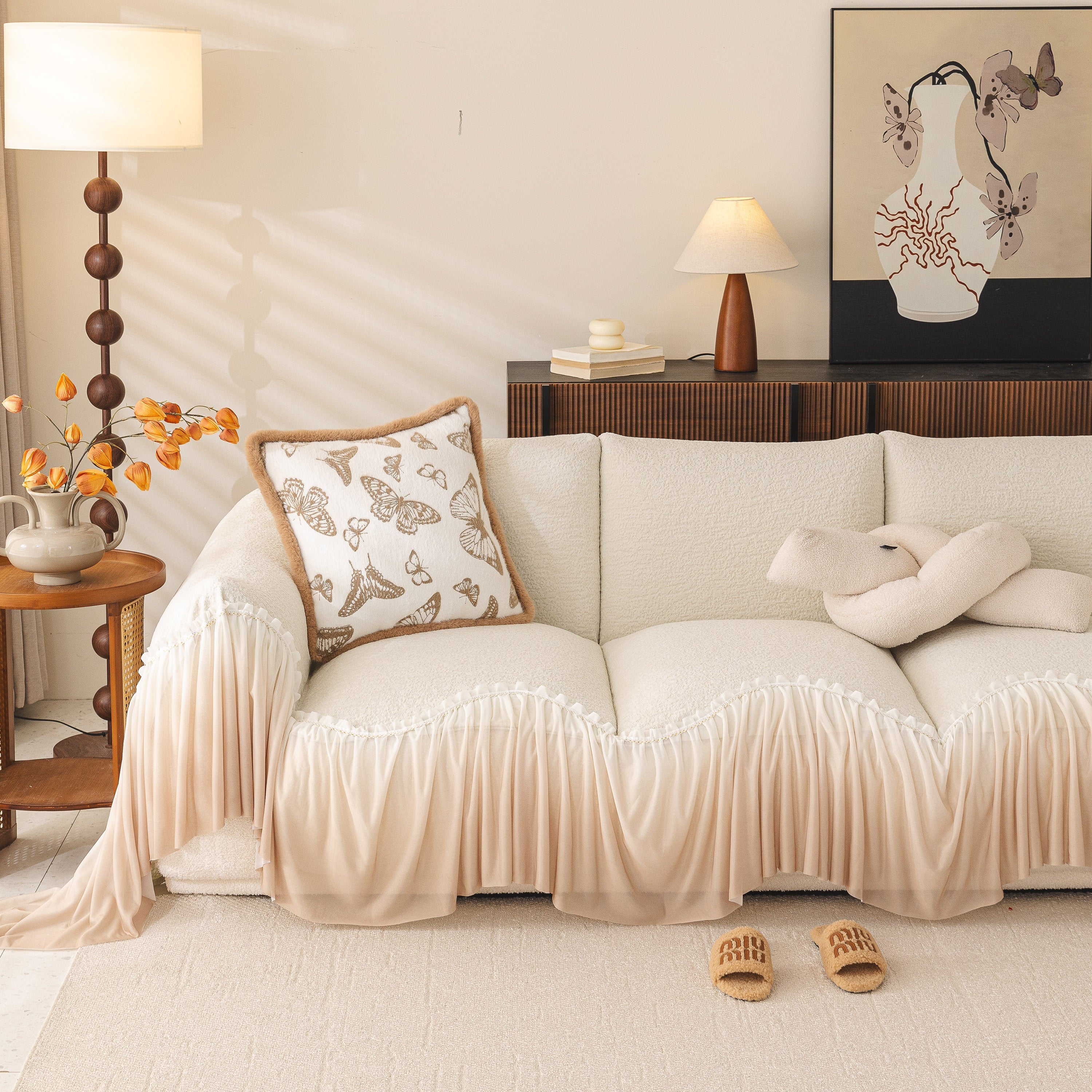Luxury Sofa Throw Cover with Elegant Ruffled Skirt, Soft Decorative Couch Protector