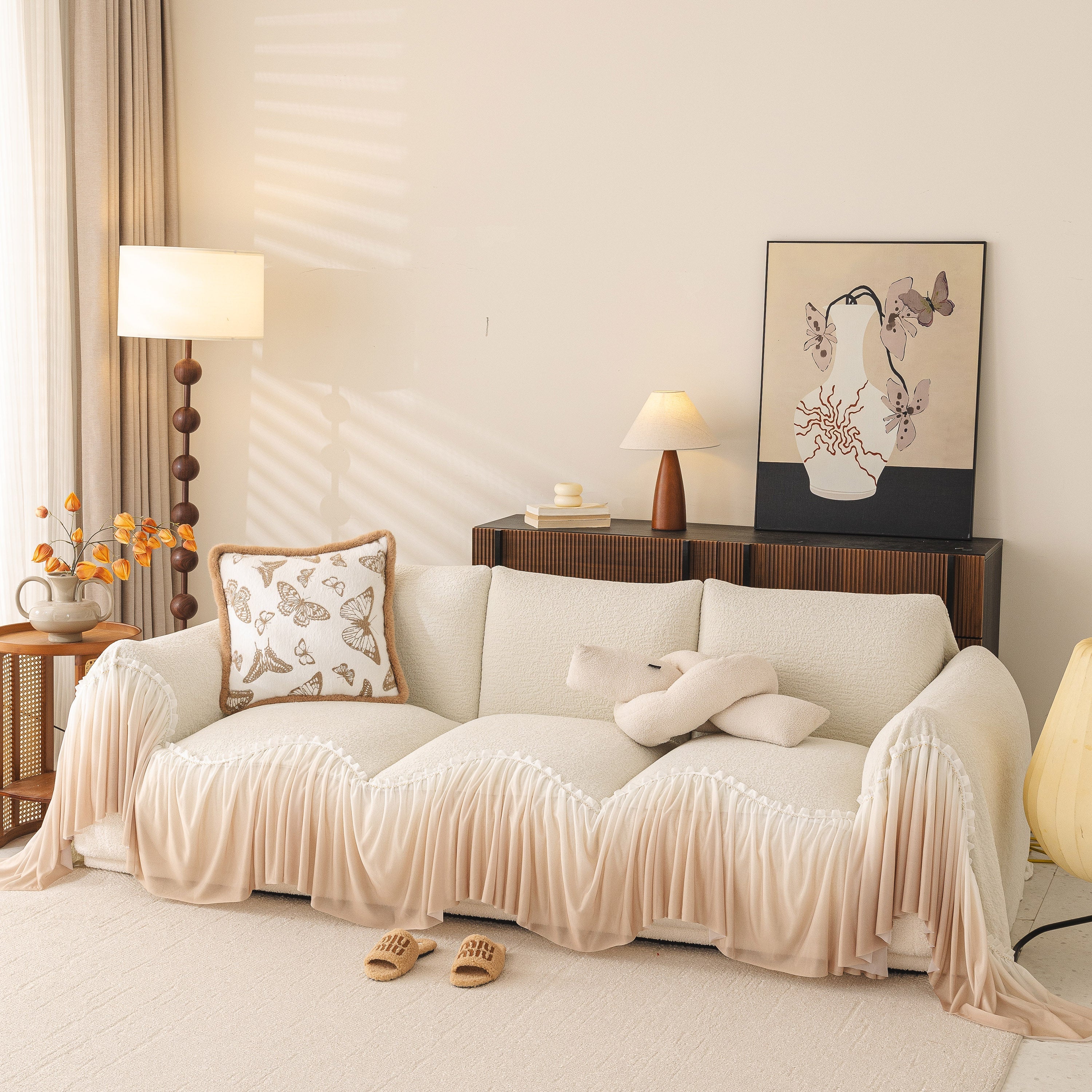 Luxury Sofa Throw Cover with Elegant Ruffled Skirt, Soft Decorative Couch Protector