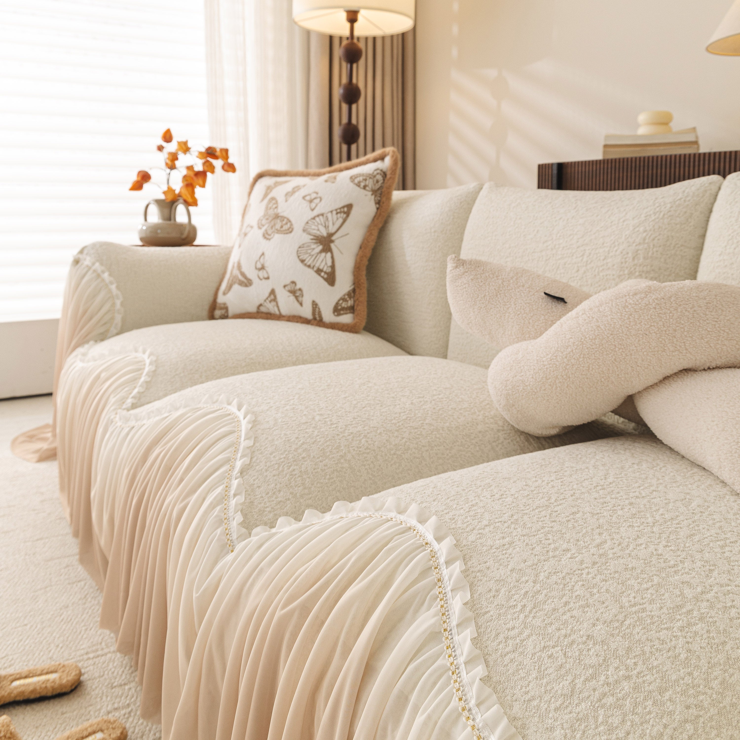 Luxury Sofa Throw Cover with Elegant Ruffled Skirt, Soft Decorative Couch Protector