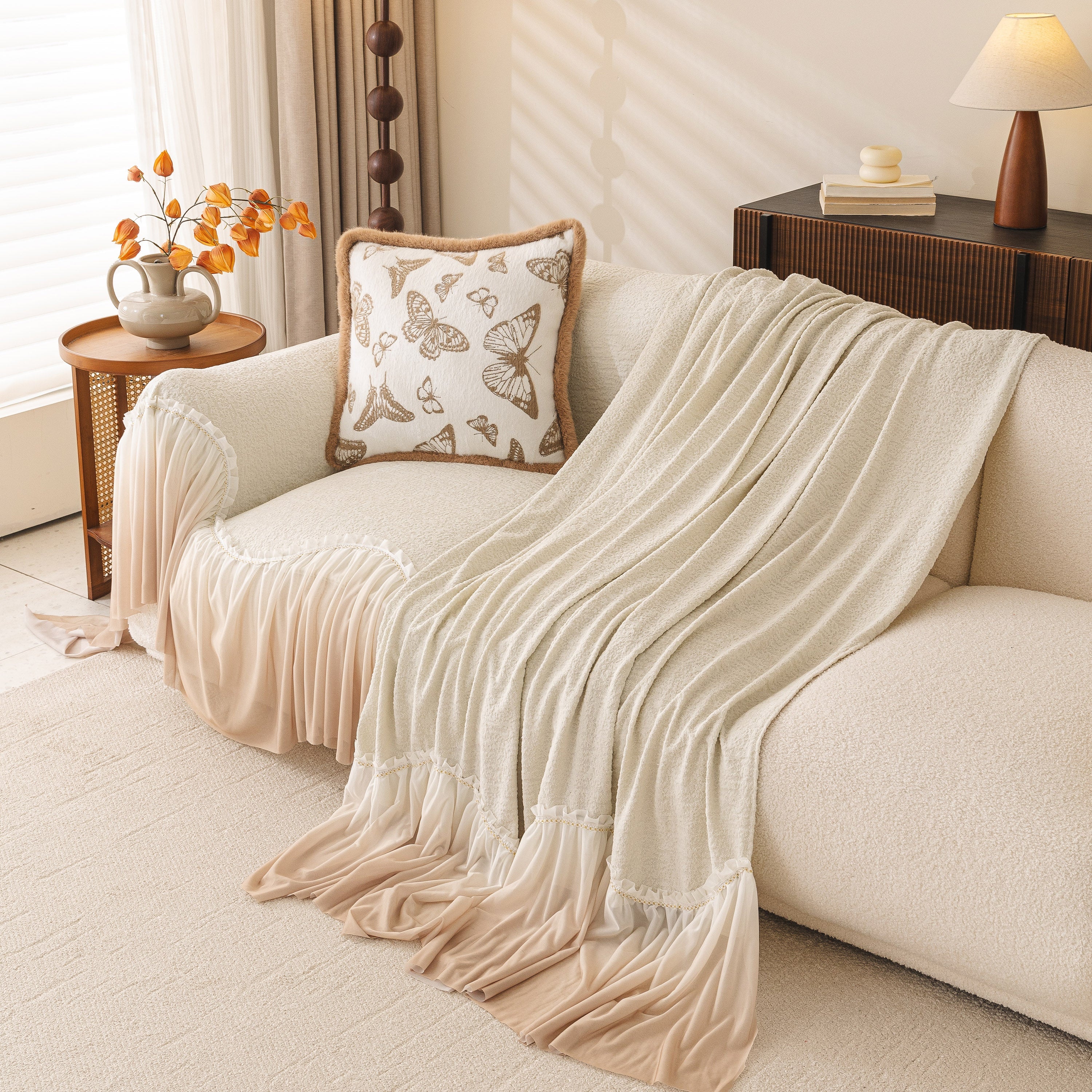 Luxury Sofa Throw Cover with Elegant Ruffled Skirt, Soft Decorative Couch Protector