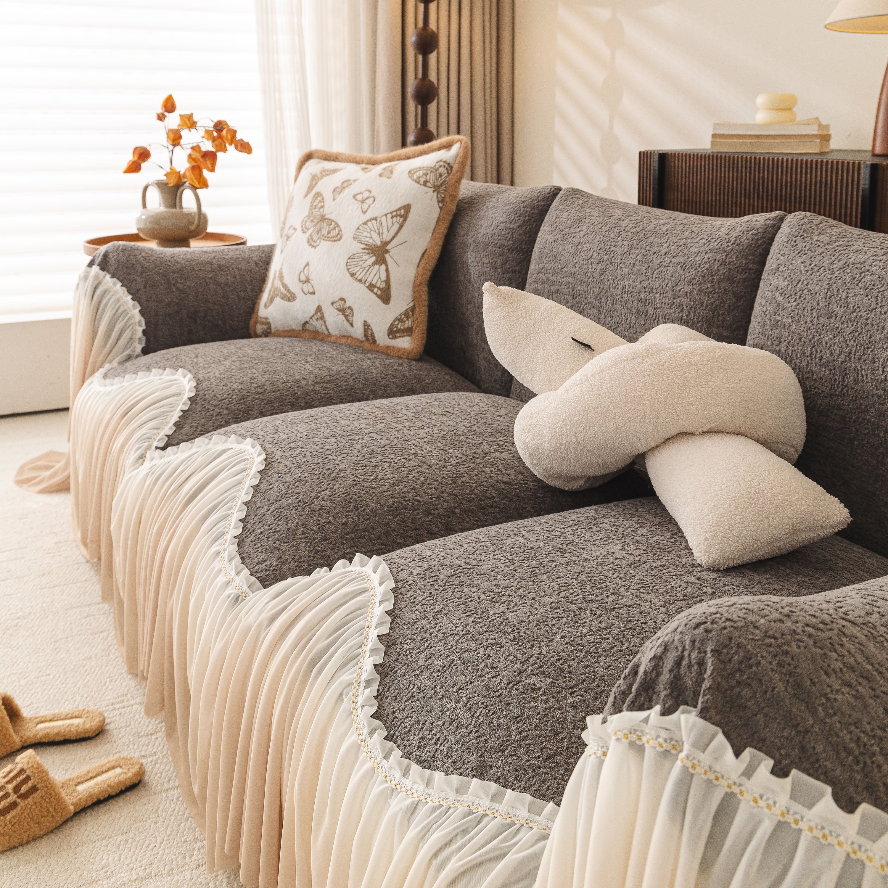 Luxury Sofa Throw Cover with Elegant Ruffled Skirt, Soft Decorative Couch Protector