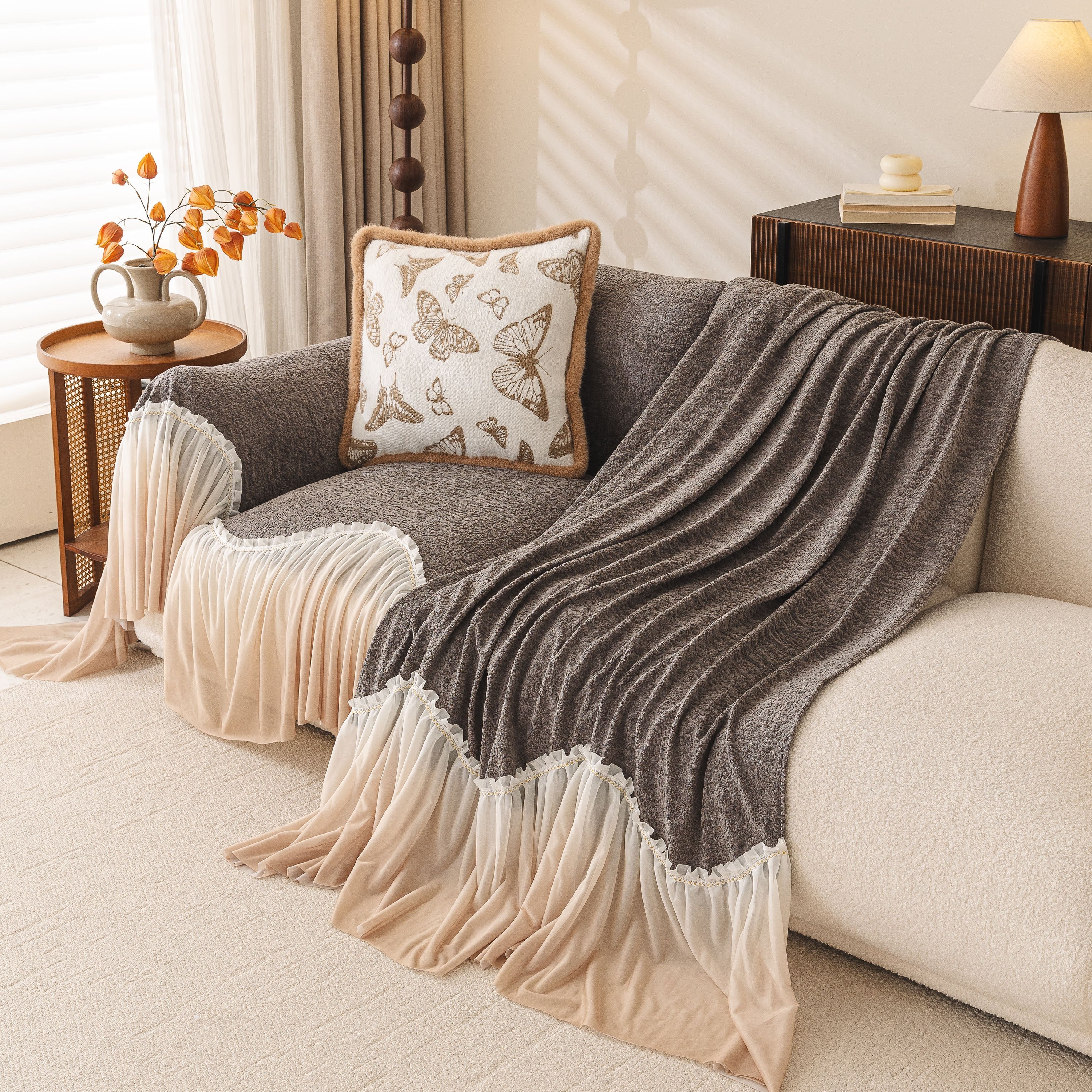 Luxury Sofa Throw Cover with Elegant Ruffled Skirt, Soft Decorative Couch Protector