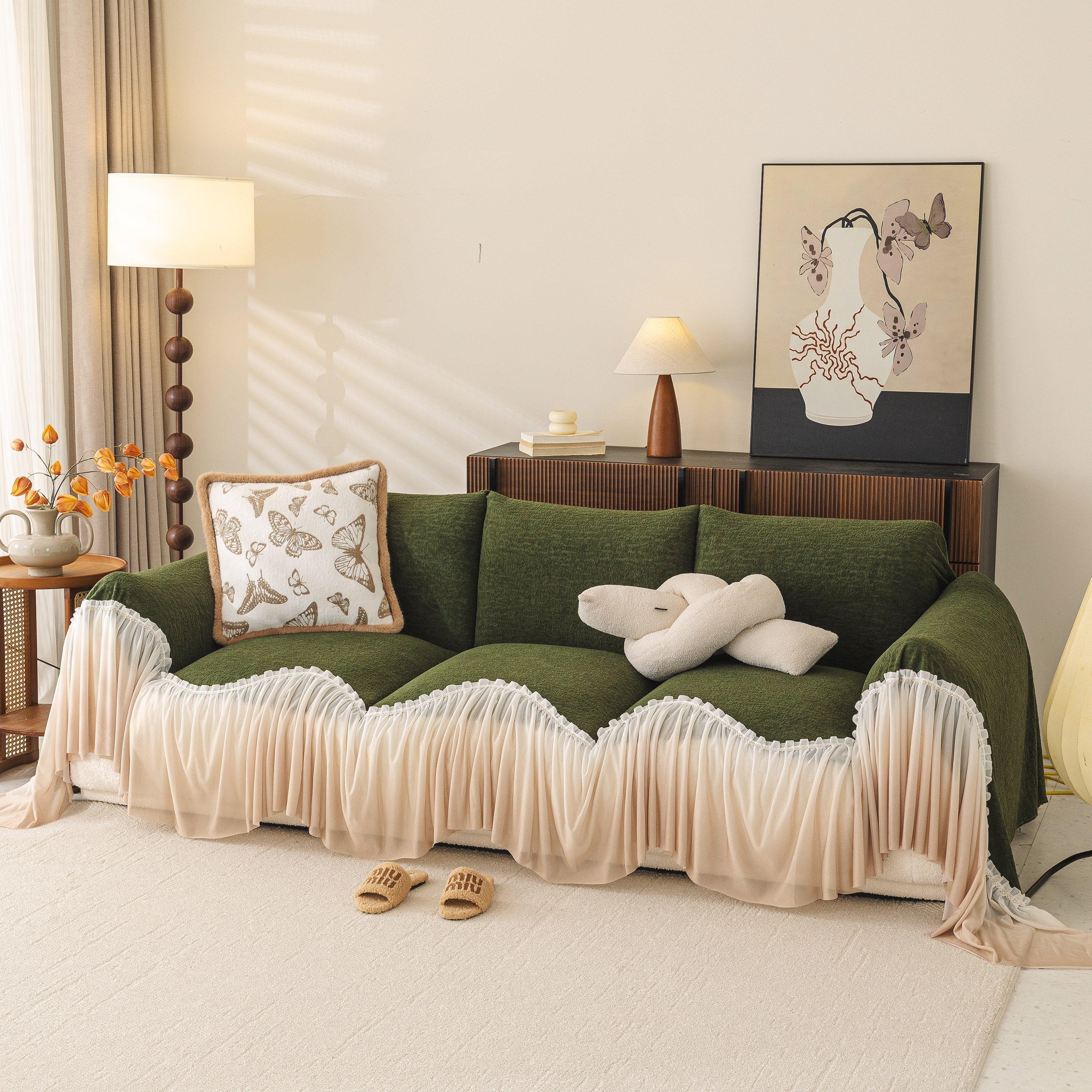 Luxury Sofa Throw Cover with Elegant Ruffled Skirt, Soft Decorative Couch Protector