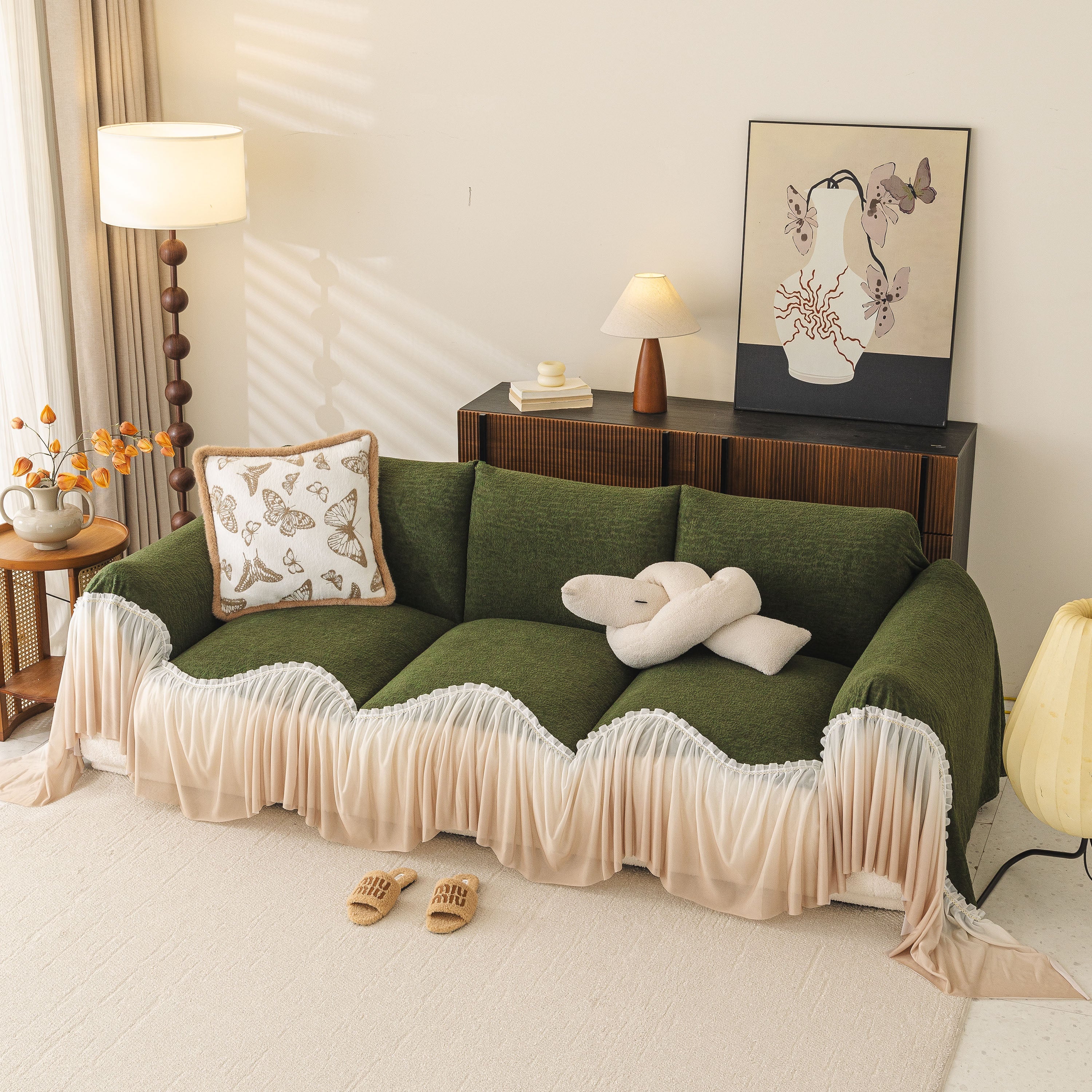 Luxury Sofa Throw Cover with Elegant Ruffled Skirt, Soft Decorative Couch Protector