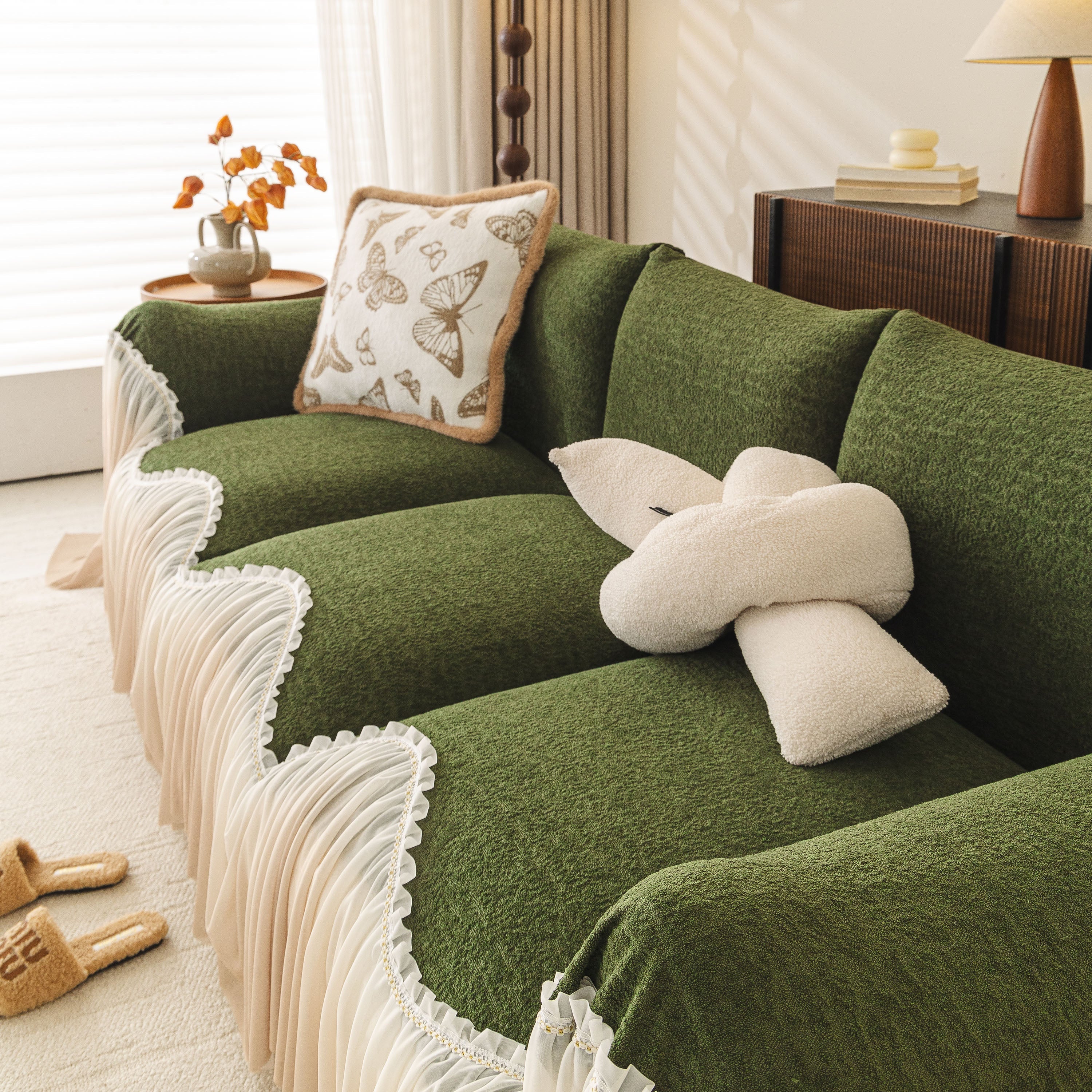 Luxury Sofa Throw Cover with Elegant Ruffled Skirt, Soft Decorative Couch Protector