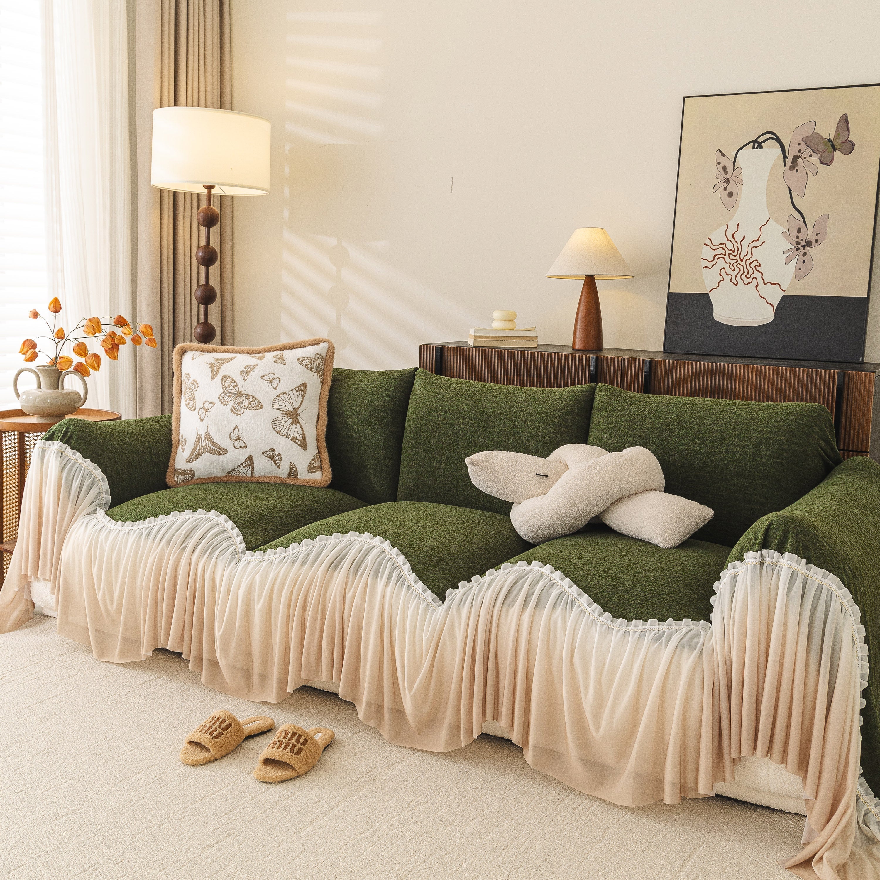 Luxury Sofa Throw Cover with Elegant Ruffled Skirt, Soft Decorative Couch Protector