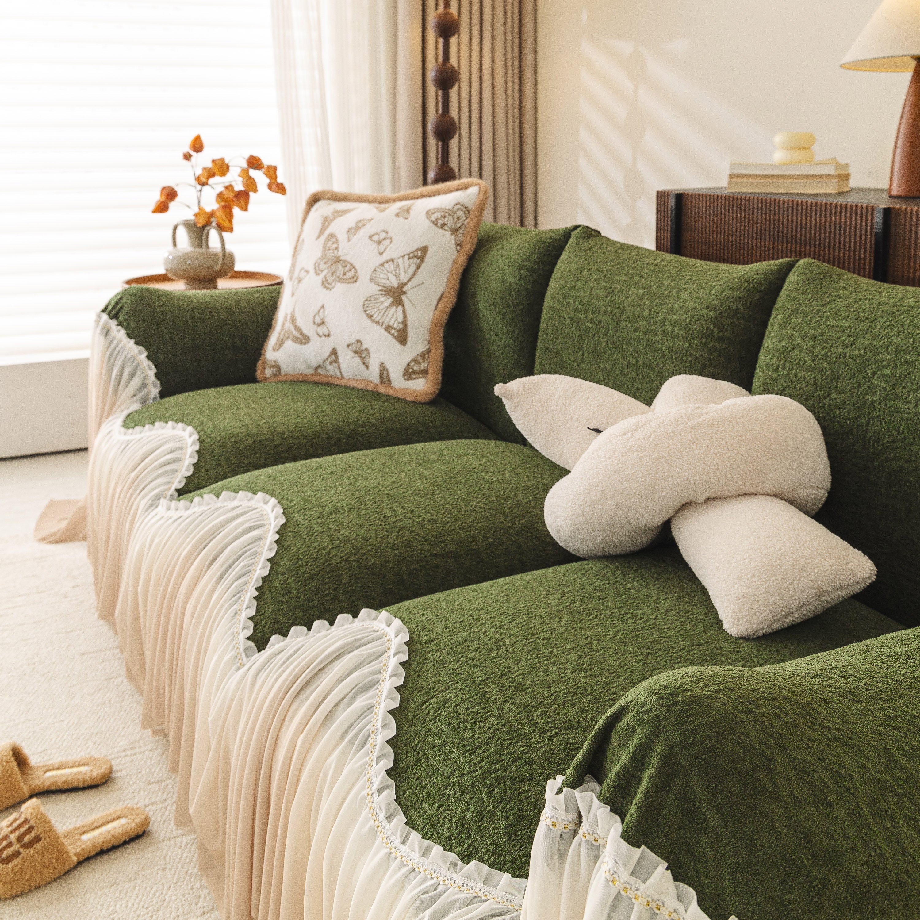 Luxury Sofa Throw Cover with Elegant Ruffled Skirt, Soft Decorative Couch Protector